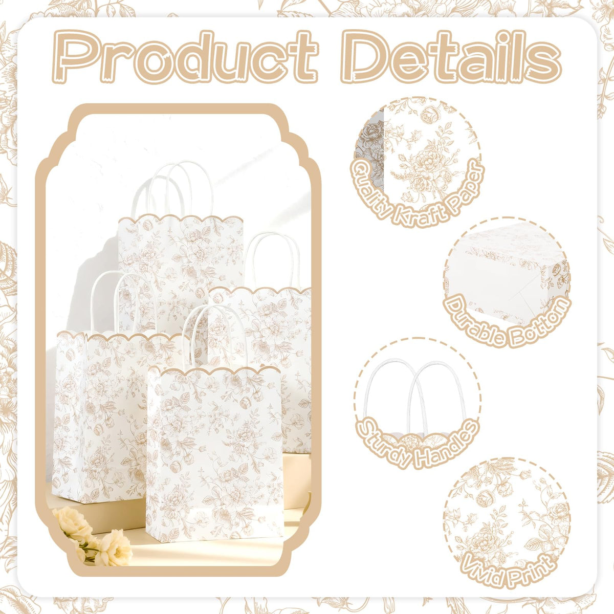 Kolldenn 24 Pcs Beige Floral Party Favor Bags with Handles Scalloped Wildflower Goodie Candy Gift Treat Bags for Birthday Decoration for Bridal Baby Shower Party Supplies