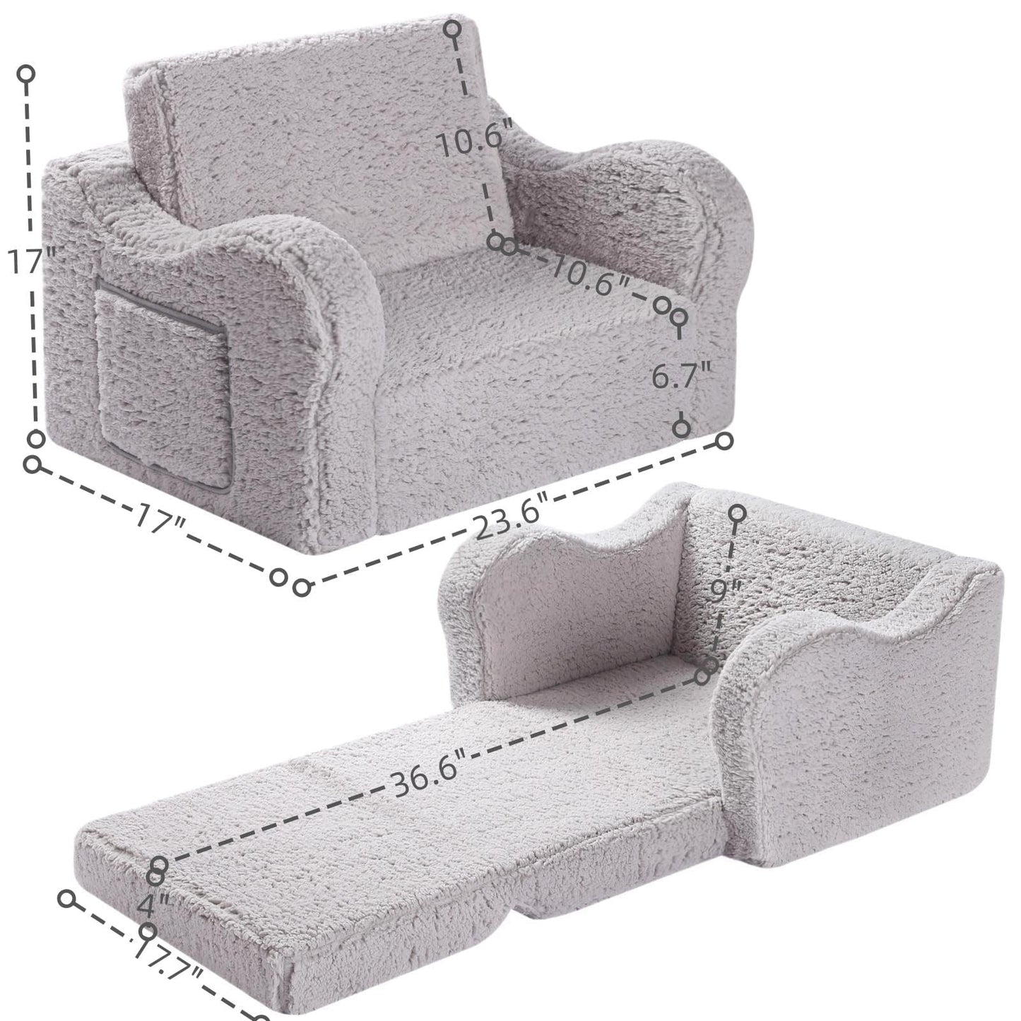 MOMCAYWEX Kids Sofa, 2-in-1 Flip-Out Foam Couch with Soft Sherpa Cover, Cozy Play Lounge Chair, Grey