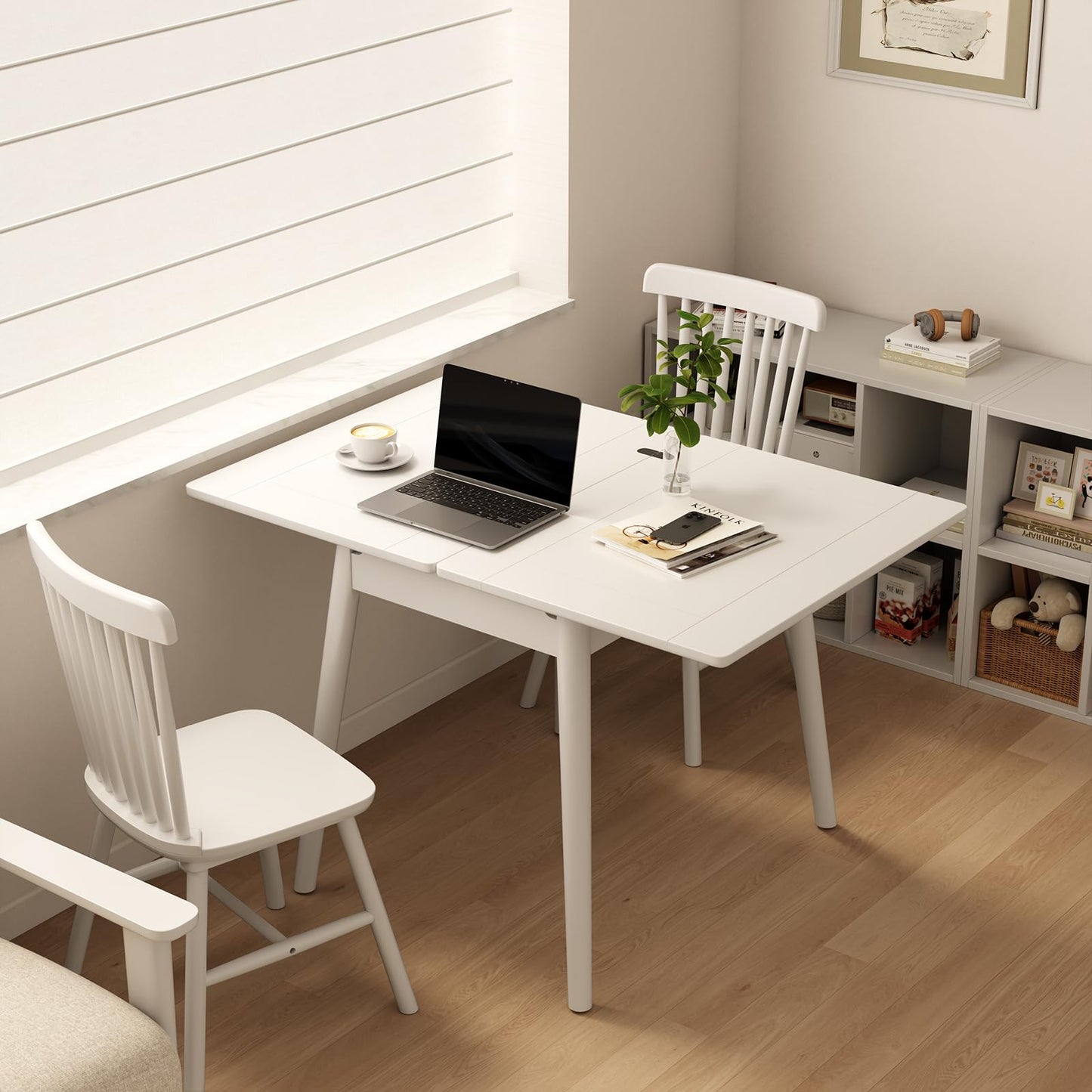 DONGMUWUJEE Solid Wood Small Dining Table for 2-6, 23.6"L-47.2"L Expandable Kitchen Table, Designed for Small Spaces, Easy Assembly, Suitable for Kitchen, Dining Room, Living Room, Apartment (White)