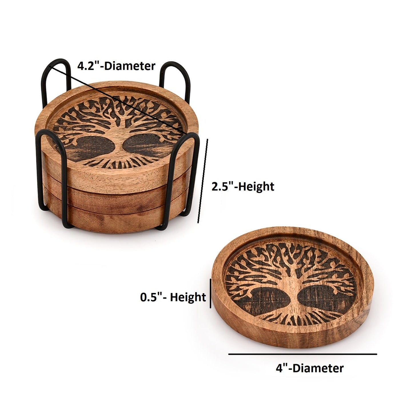 Kaizen Casa Coasters Set of 4 Acacia Wood Round Wooden Tree of Life Coasters for Drinks with Iron Holder for Modern Home Decor, Home Dining Table Décor (4" X 4" X 0.5)