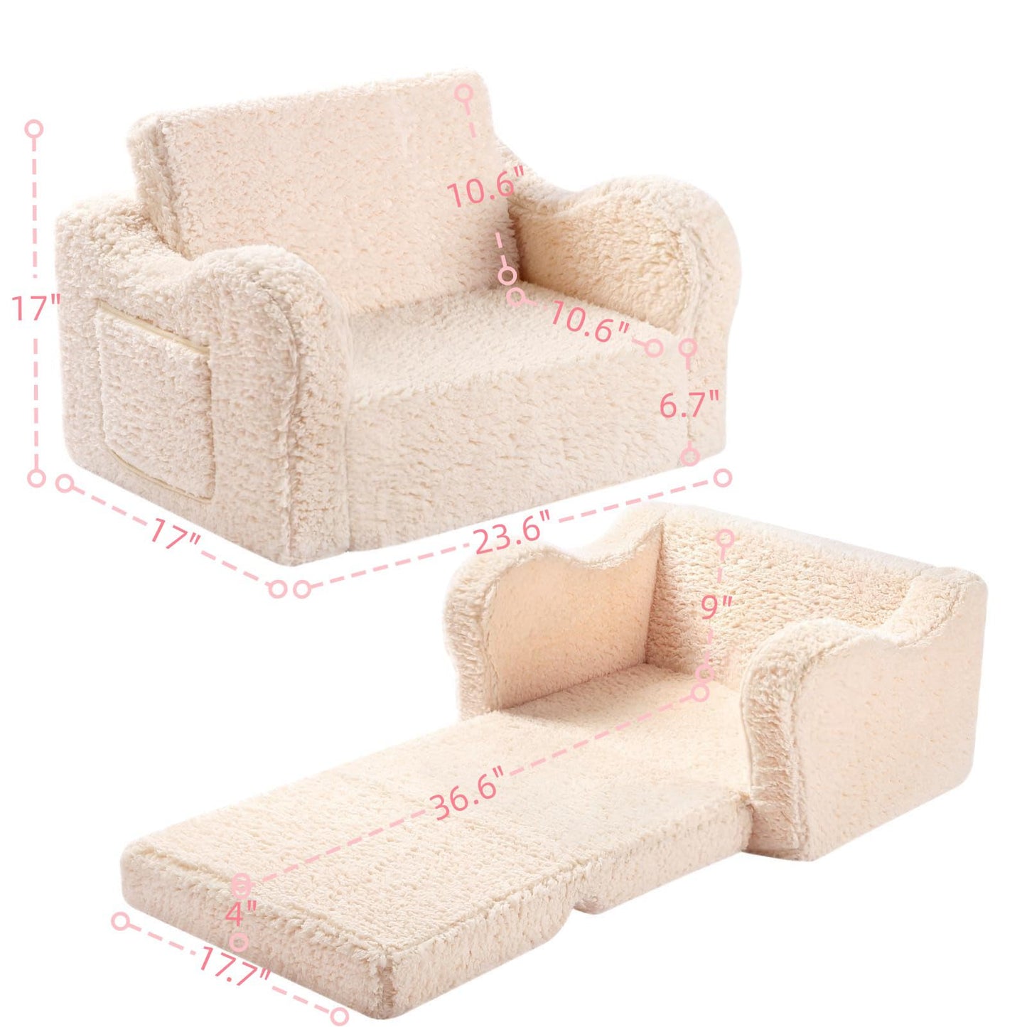 MOMCAYWEX Kids Sofa, 2-in-1 Flip-Out Foam Couch with Soft Sherpa Cover, Cozy Play Lounge Chair, Cream