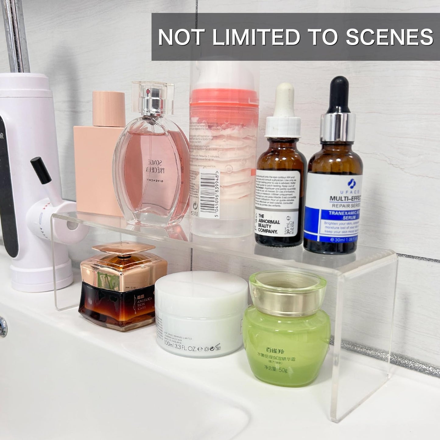 CHANNICORNER 2 Pack Acrylic Medicine Cabinet Organizer, Narrow Bathroom Mirrior Cabinet Storage Shleves, Clear Acrylic Risers for Vanity, Kitchen & RV (11.34 x 2.95 x 3.66 in)
