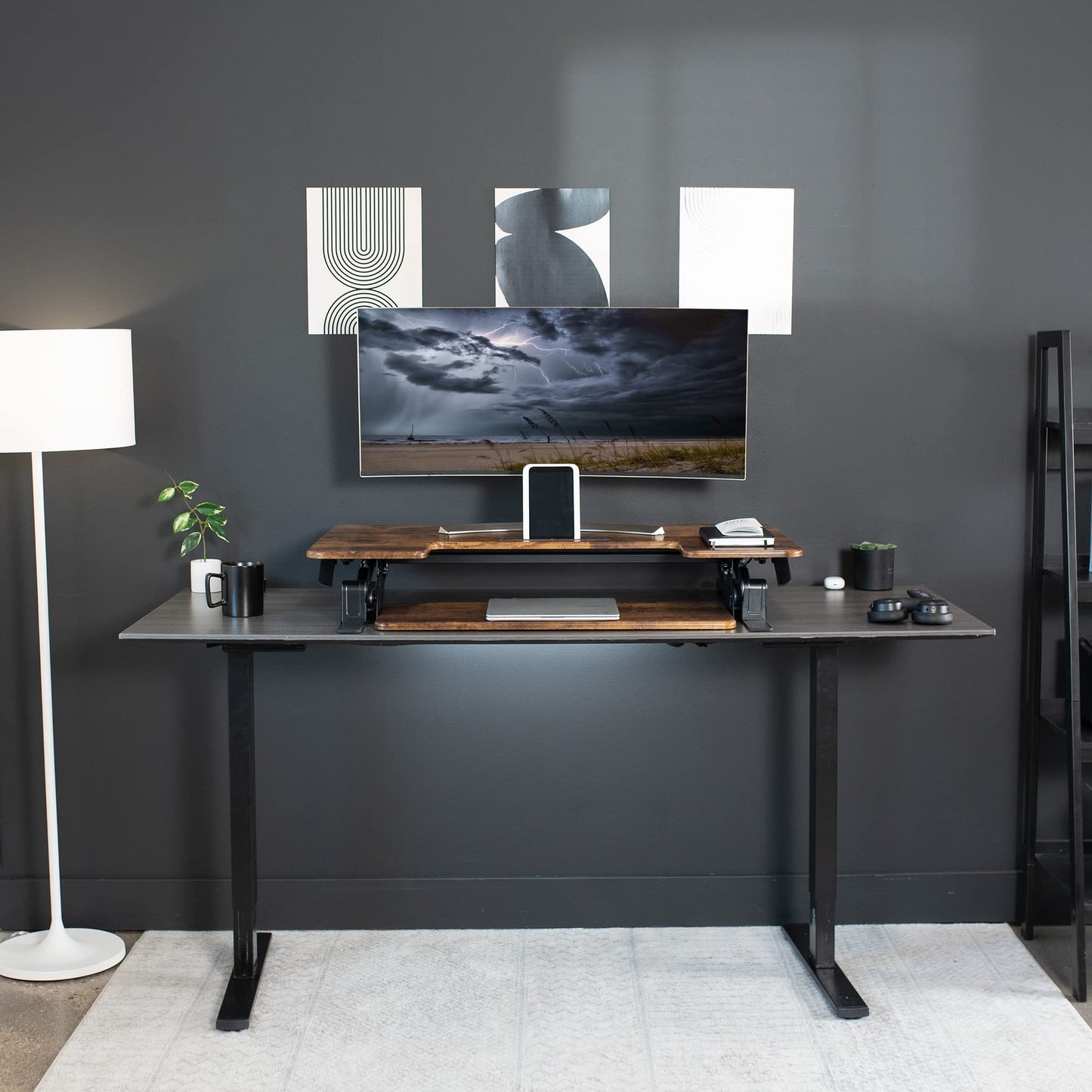 VIVO 42 inch Height Adjustable Stand Up Desk Converter, V Series, Quick Sit to Stand Tabletop Dual Monitor Riser Workstation, Rustic Vintage Brown Top, Black Frame, DESK-V000VLN