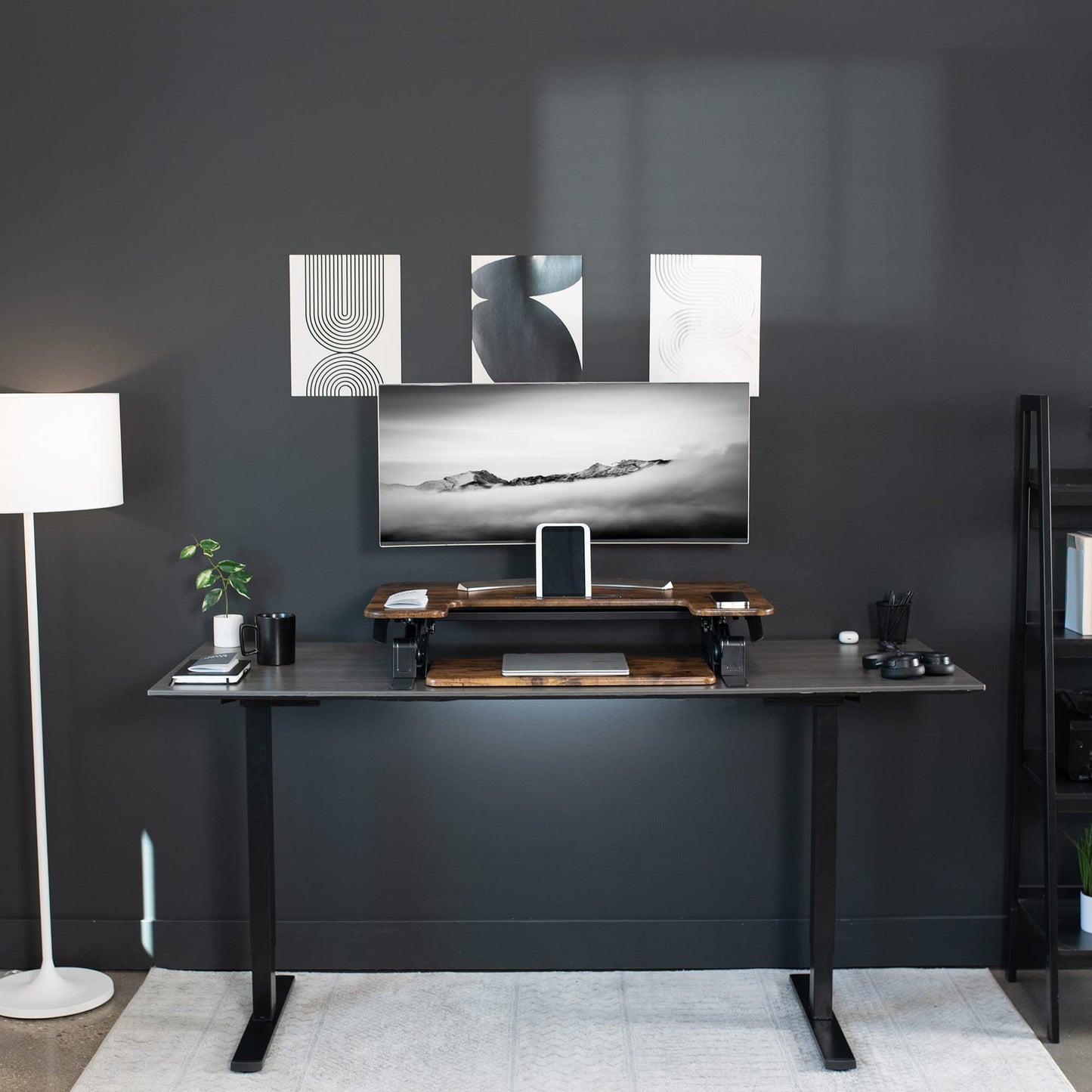VIVO 36 inch Height Adjustable Stand Up Desk Converter, V Series, Quick Sit to Stand Tabletop Dual Monitor Riser Workstation, Rustic Vintage Brown Top, Black Frame, DESK-V000VN
