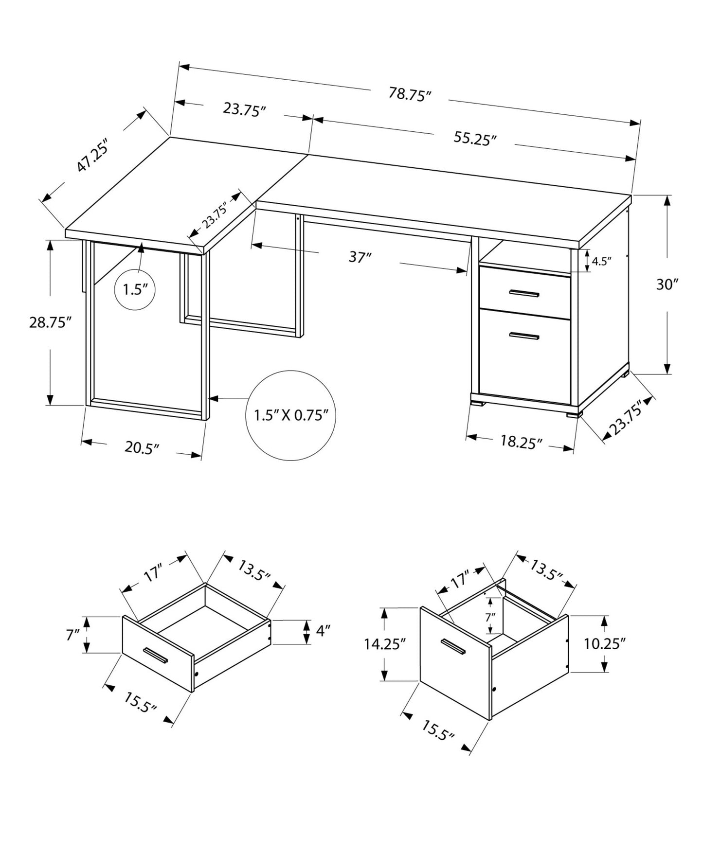 Monarch Specialties I 7257 Computer Desk, Home Office, Corner, Left, Right Set-up, Storage Drawers, 80"L, L Shape, Work, Laptop, Metal, Laminate, Grey