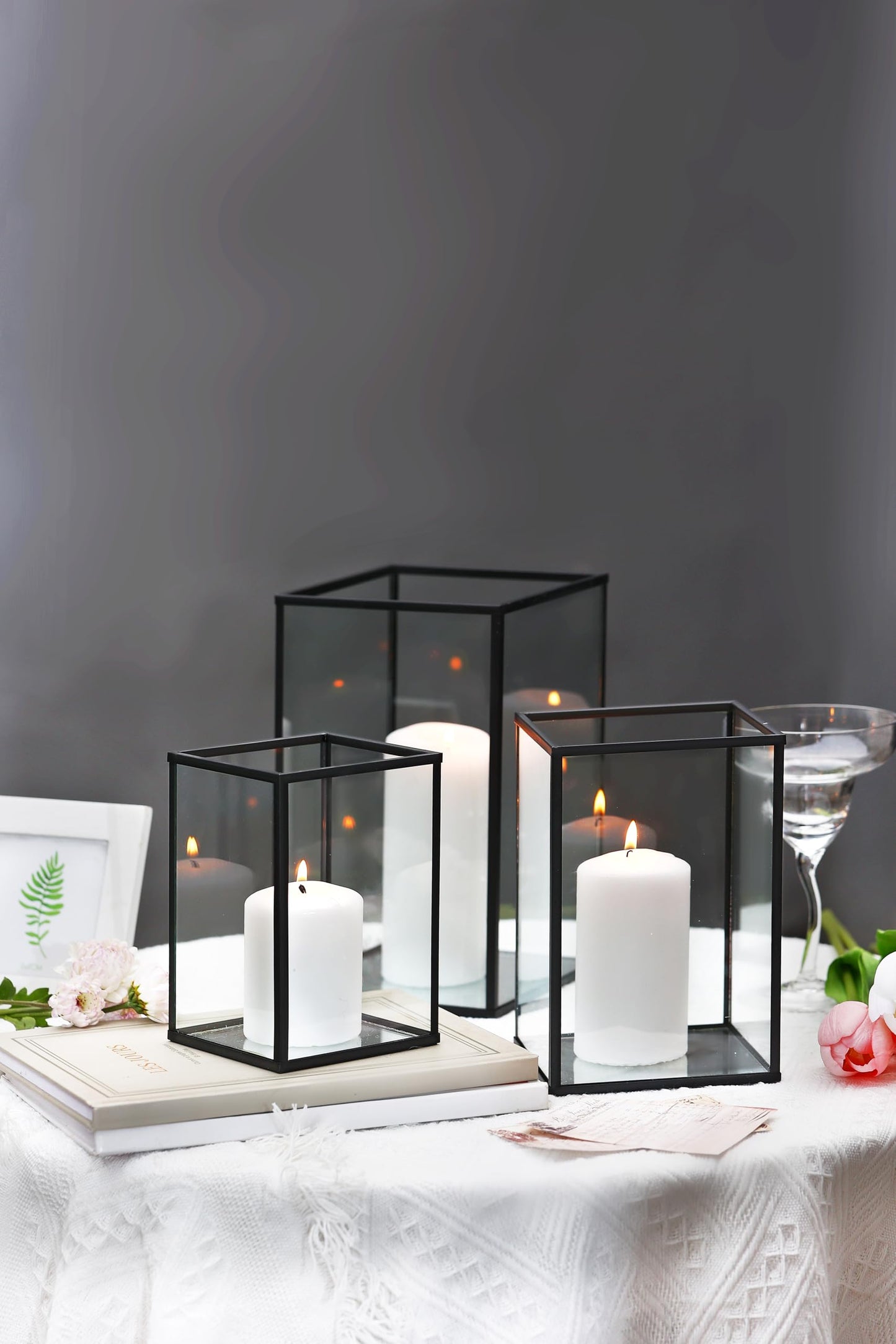 PHOSPHOR Hurricane Glass Candle Holder Set of 6 Pieces Black Hurricane Candleholders for Wedding Party Holiday Birthday Home Decor Lanter