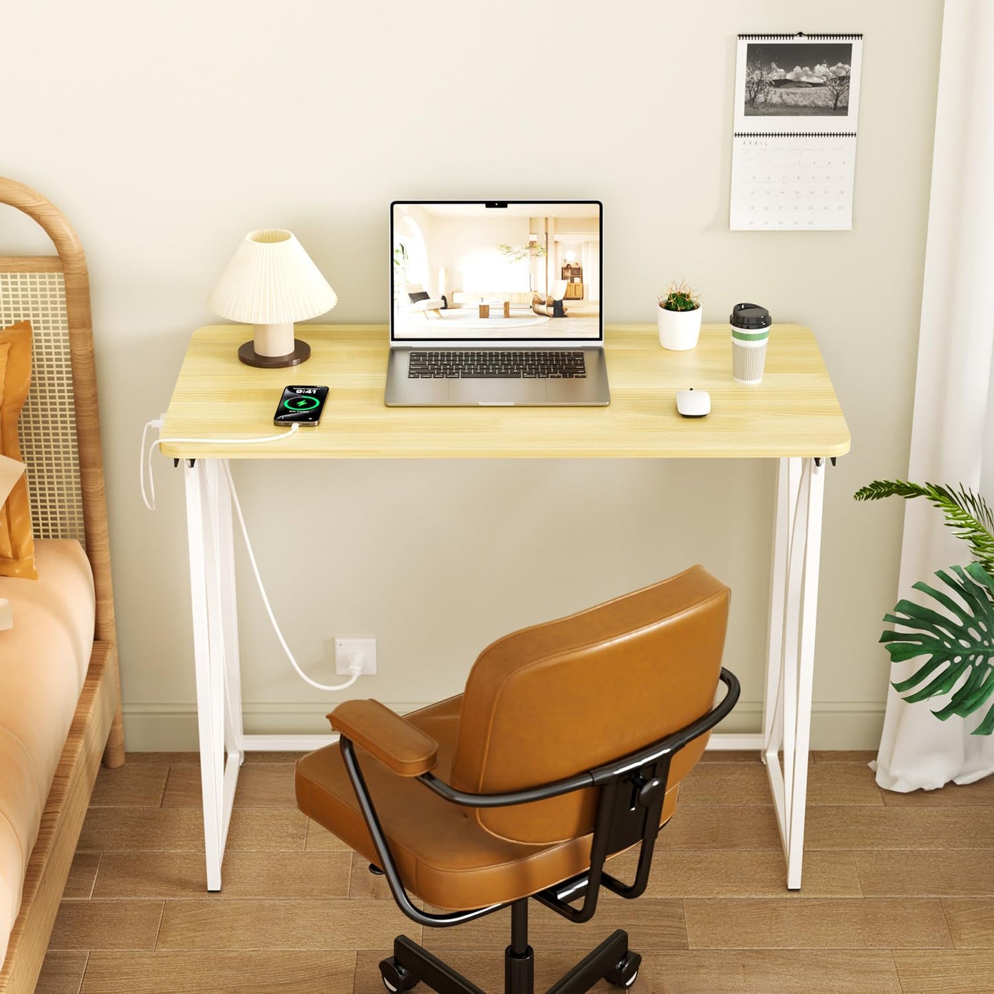coeztt Mini Desk, 31.5" Small Desk for Bedroom with Power Outlet, Foldable Desks for Small Spaces & Home Office, Easy Assembly, Beige Floor Patten