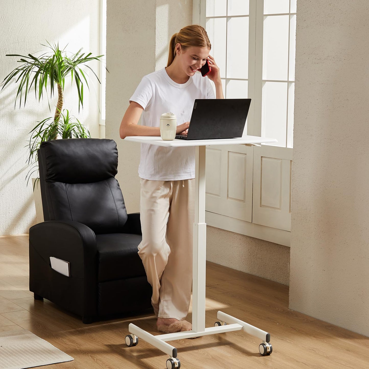 DUMOS Small Standing Desk Mobile Portable Rolling Laptop PC Table on Wheels Adjustable Height Computer Workstation for Home Office, Compact Small Space, Easy Assembly, 19 Inch, Modern White