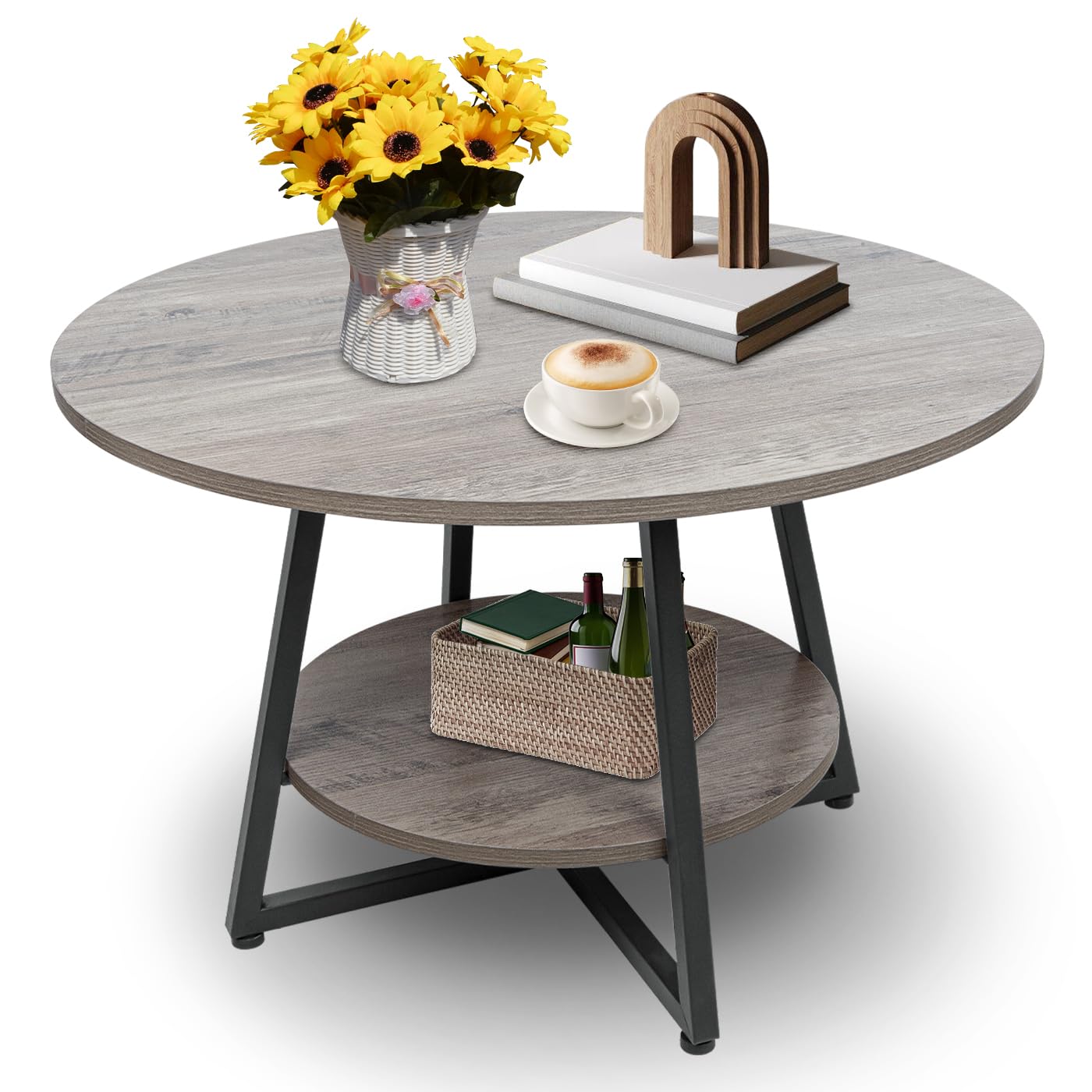 Masigle Round Coffee Table, 2-Tier Circle Coffee Table with Storage, Modern Wood Round Center Table, for Living Room, Small Space, Home Office, Easy Assembly, Wash Gray