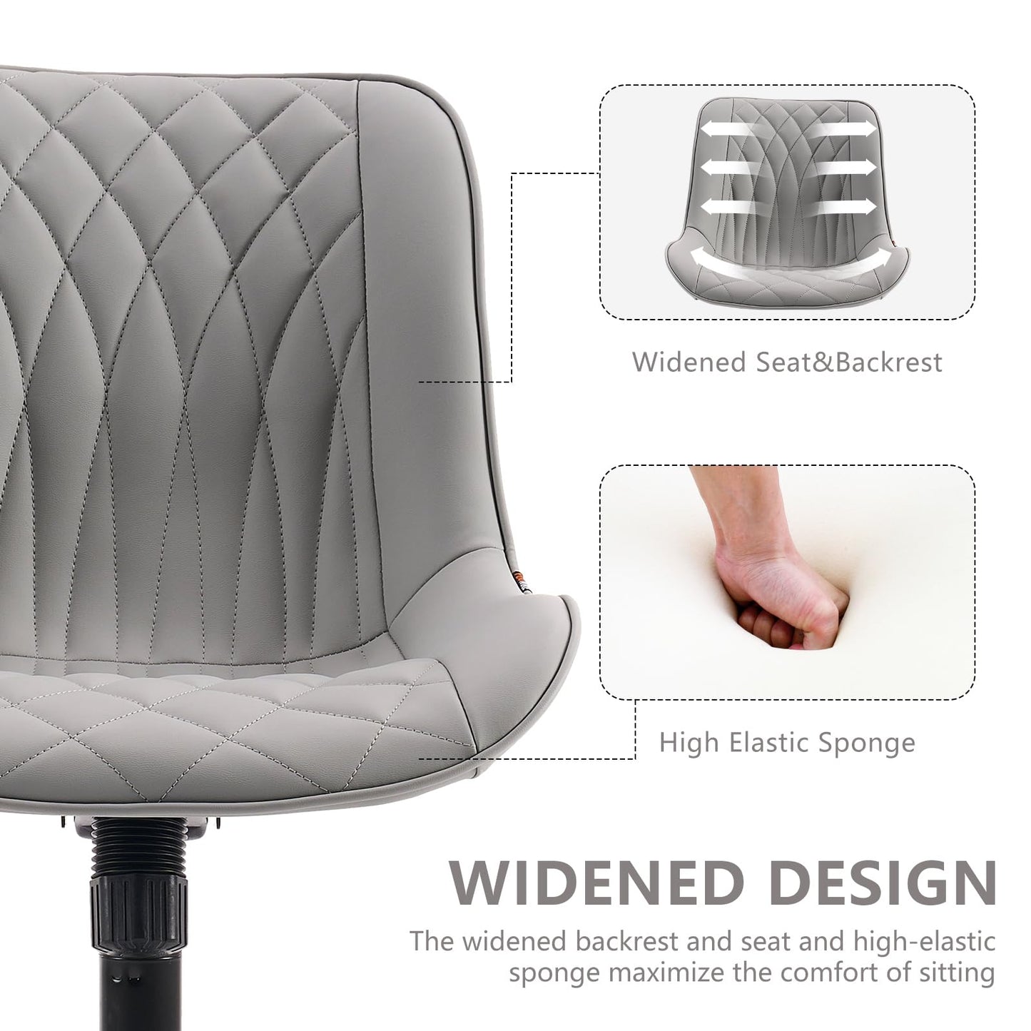 YOUNIKE Faux Leather Ergonomic Office Chair Armless Comfy Desk Chair with Rocking Back Cute Swivel Vanity Chair with Wheels Height Adjustable Small Computer Task Chair for Sewing Drafting Grey