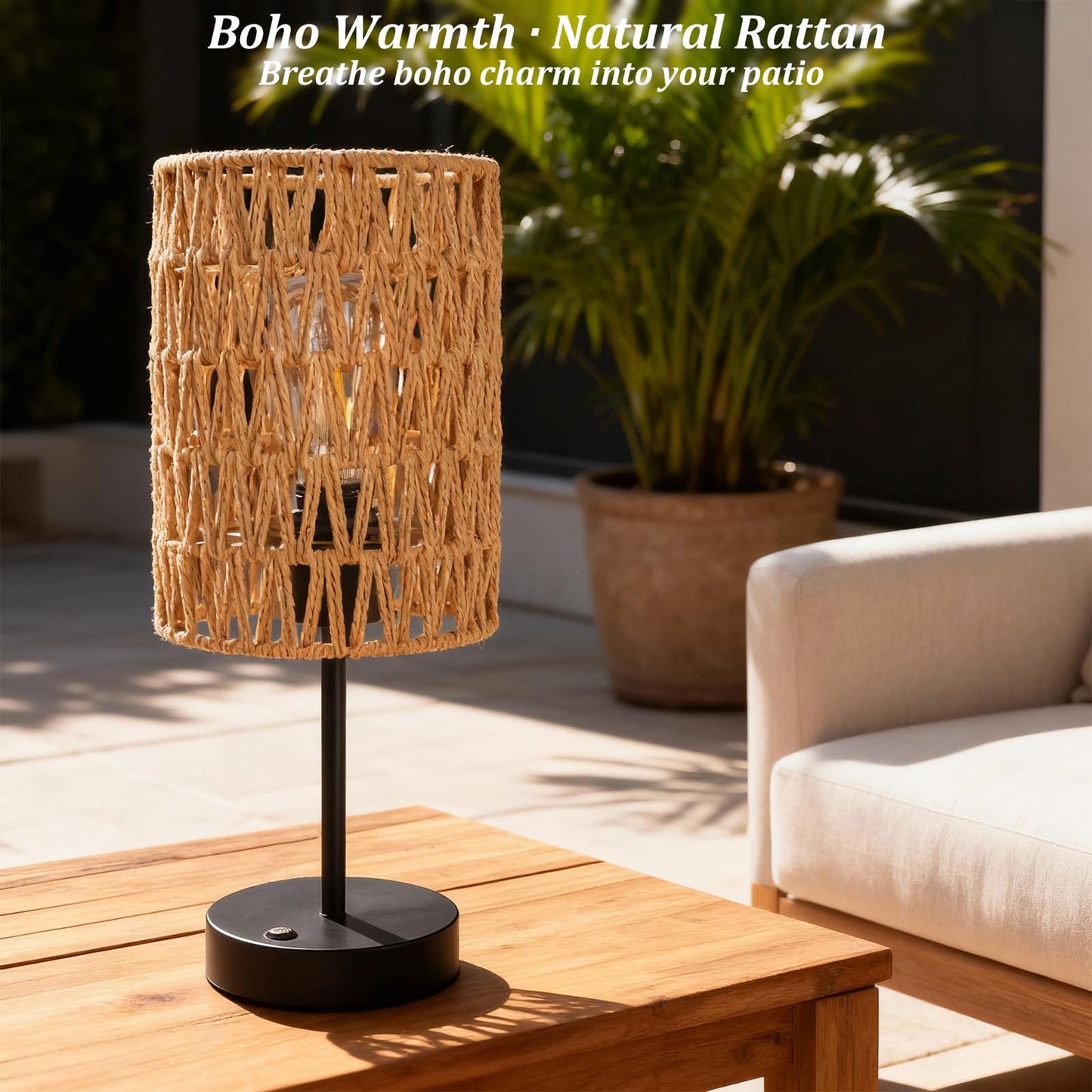 ALL FORTUNE Rechargeable Outdoor Table Lamps, Rattan Boho Cordless Battery Operated Table Lamps, Patio Lamp for Living Room, Balcony, Bedside Decor- Set of 2 (Beige)