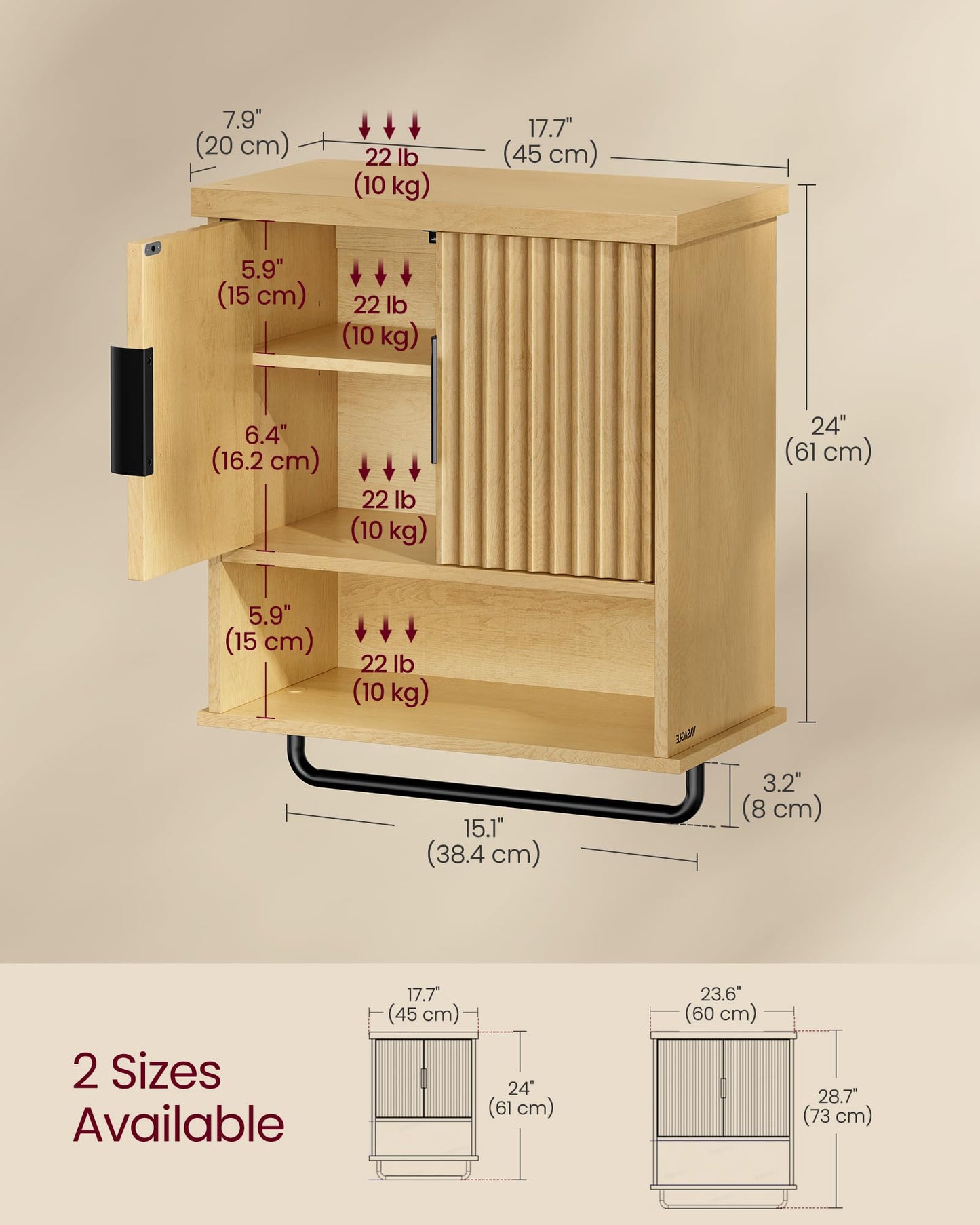 VASAGLE MAXE Collection - Bathroom Cabinet Wall Mounted, Over Toilet Hanging Cabinet with Adjustable Shelf, Towel Bar, Fluted Doors, 7.9 x 17.7 x 24 Inches, Transitional, Oak Beige UBBK137Y01S