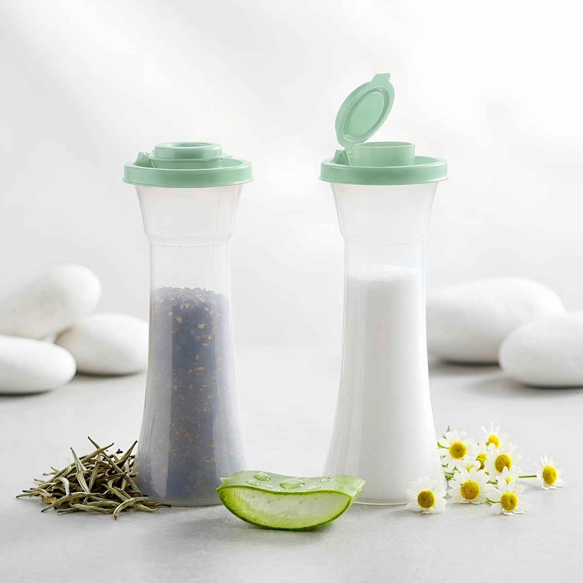 Tupperware Large Hourglass Salt and Pepper Shakers Clear Containers with Sage Green