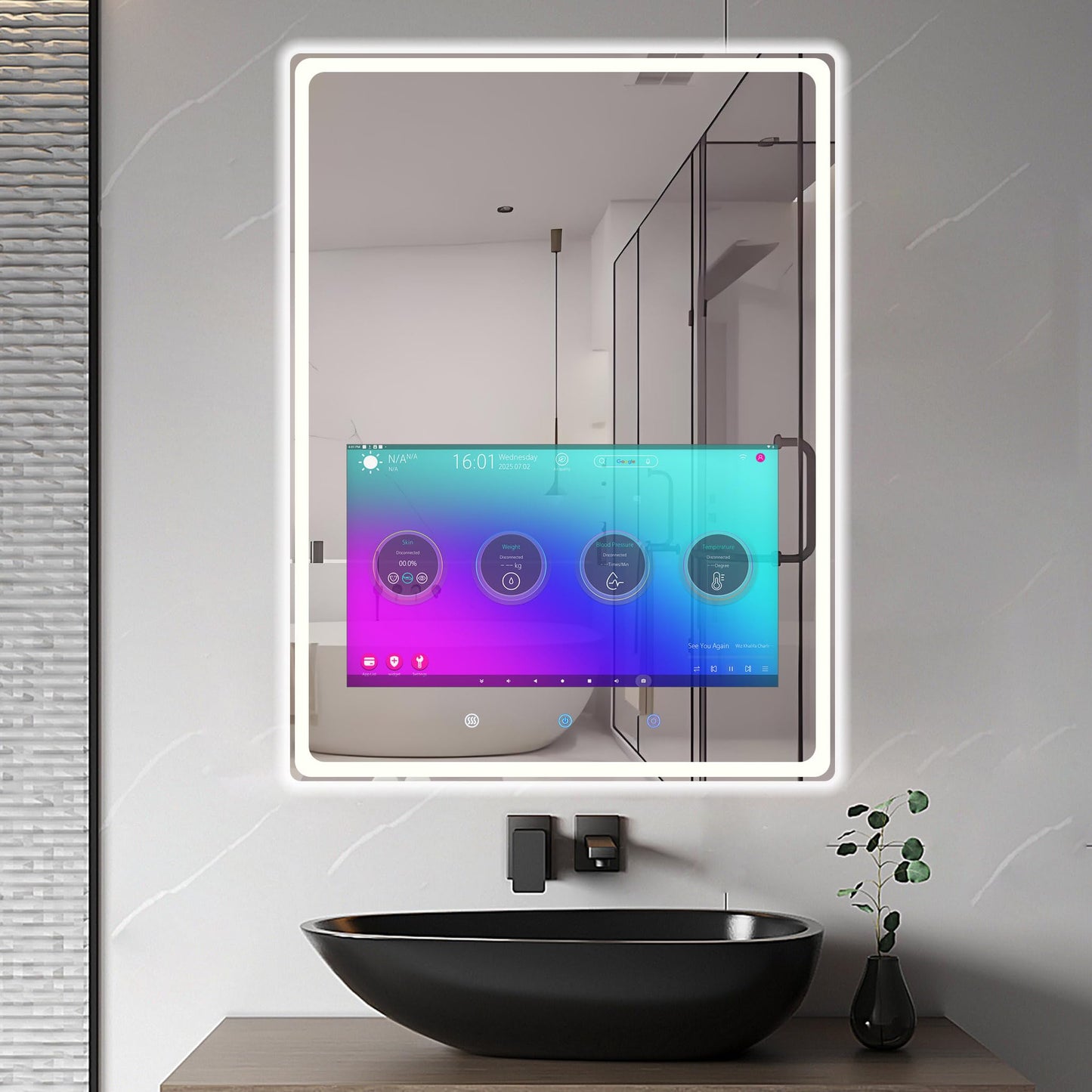 YOURYOKE 24×32 Inch Smart Vanity Bathroom Mirror with 21.5" Waterproof Touchscreen TV, Android OS, Weather Clock Date,WiFi/Bluetooth/HDMI, Anti-Fog, 3-Color LED Lights,Bedroom,Hotel&Spa Wall Mounted