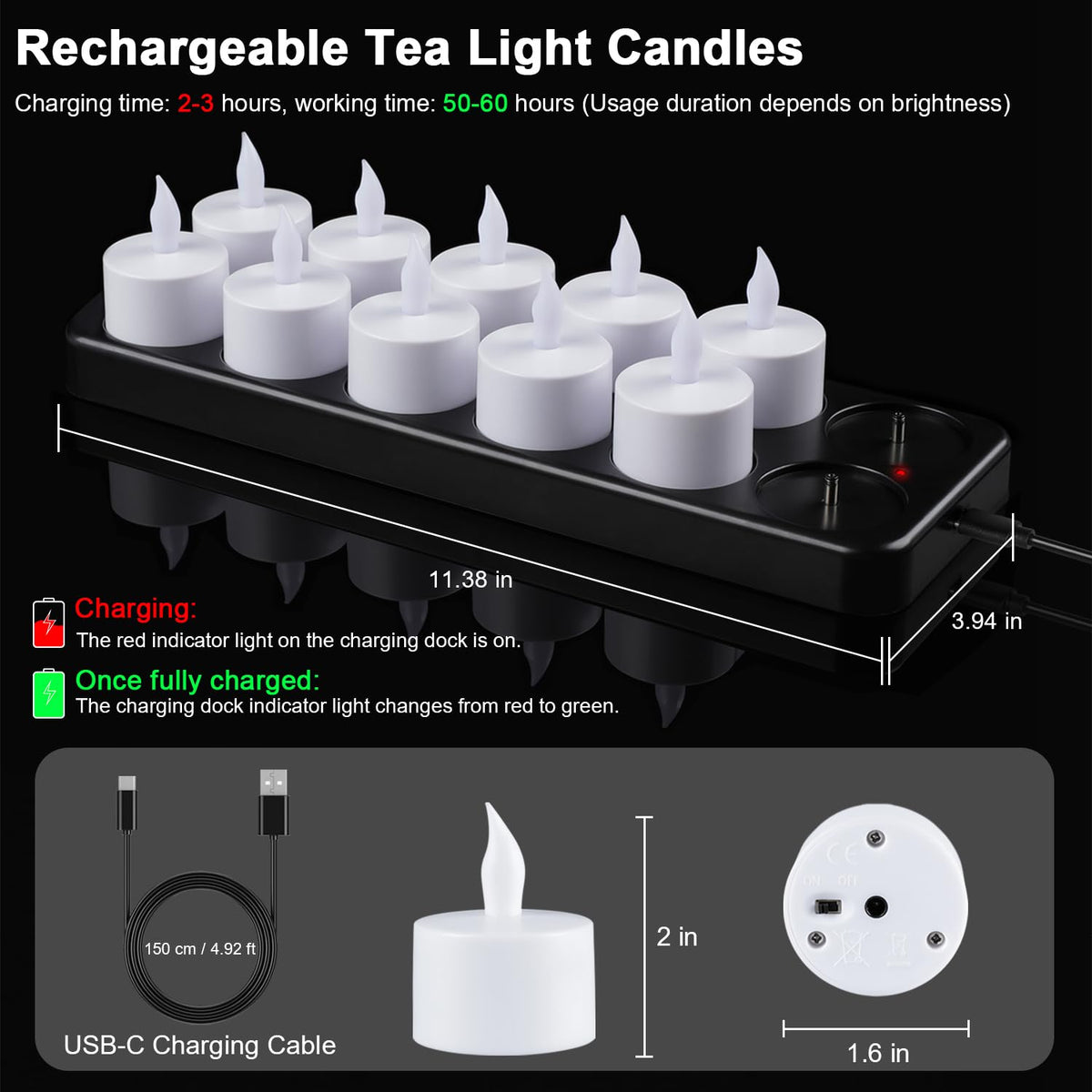 Esup Rechargeable Tea Lights Rechargeable Candles Flameless Flickering Candles Tealights 12pcs/Set with Black Charging Base, Decoration Parties, Weddings, Bar, Family, Dinner Outdoor Picnic 