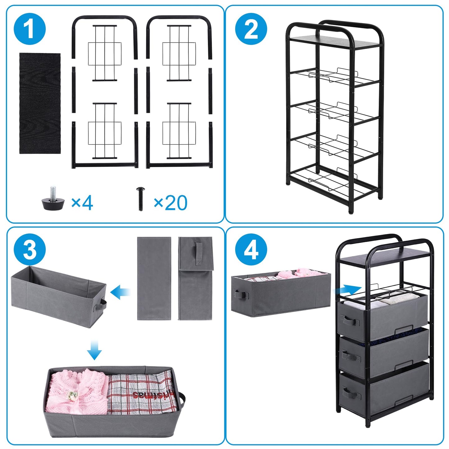 MAX Houser 4 Drawer Narrow Dresser Fabric Storage Tower Vertical Slim Storage Chest Organizer Nightstand Side/End Table Small Standing Organizer Removable Drawers Wood Top for Bedroom, Bathroom(Grey