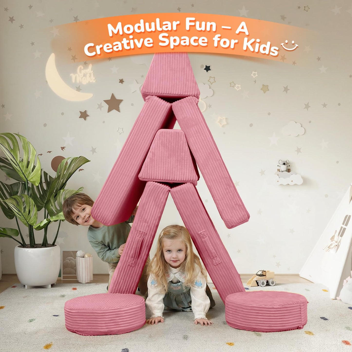 MeMoreCool Kids Couch for Playroom, Corduroy Convertible Toddler Couch, 8 Piece Modular Play Sofa, Foam Fort Building Set for Child Room Furniture, Pink