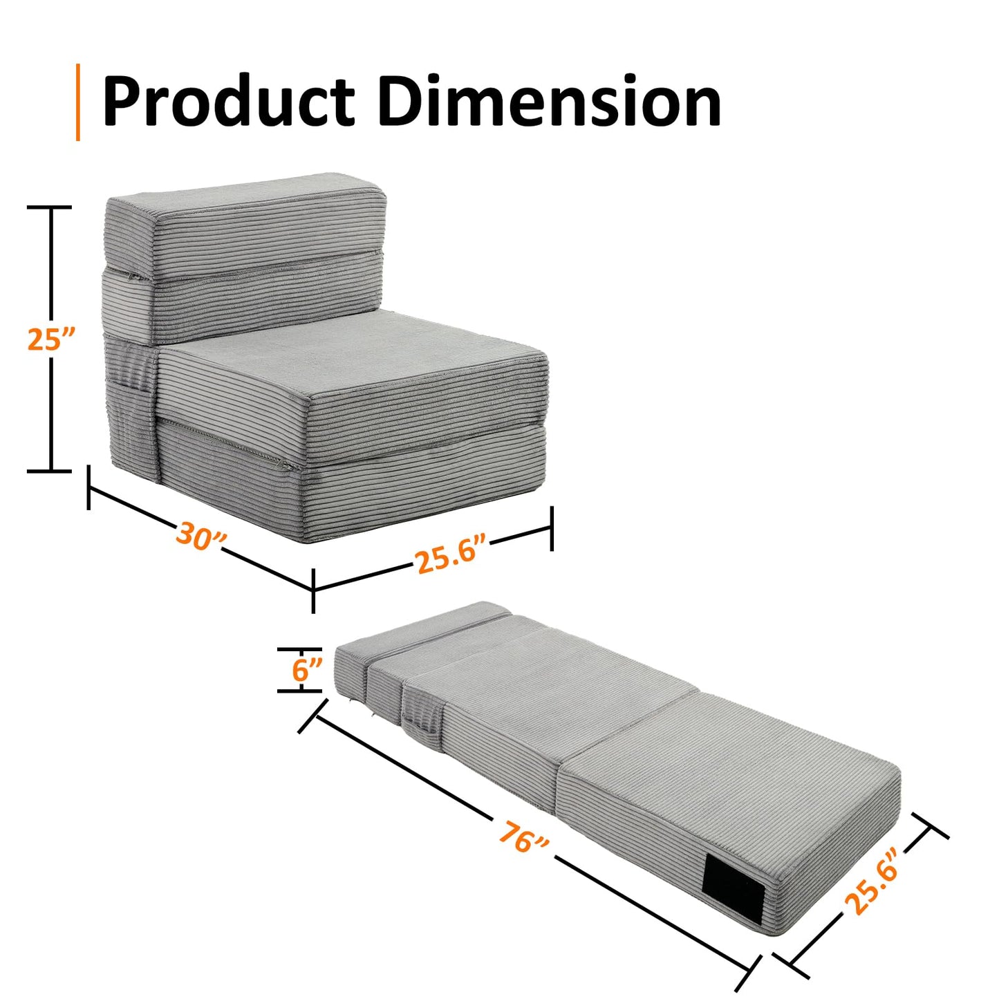 JKMAX Single Size Folding Sofa Bed - 4 in 1 Convertible Sleeper Chair - High Density Memory Foam Futon Couch - Foldable Bed for Living Room Bedroom (Dark Grey)