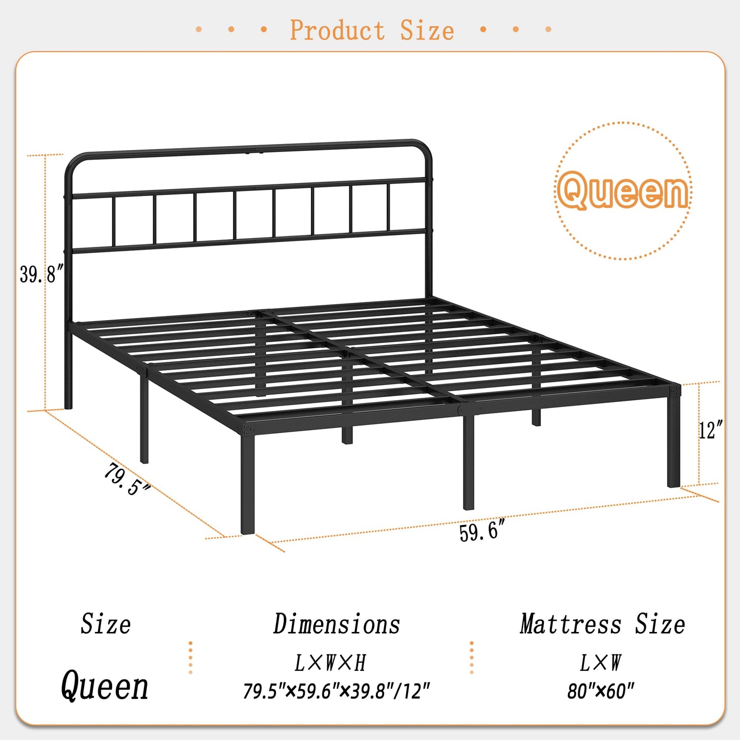 Kujielan 12 inches Queen Size Bed Frame with Minimalist headboard,Metal Platform Base with Strong Metal Slats,Mattress Foundation for Under Bed Storage,Easy Assembly,Black