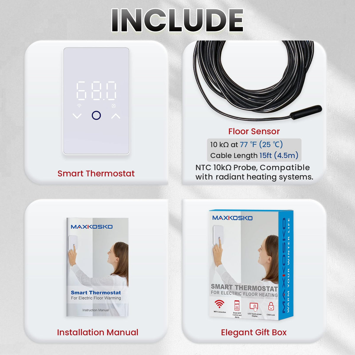 MAXKOSKO 1PC WiFi Smart Thermostat for Electric Floor Warming System with Touchscreen LED Display 120V/240V, Easy Connection & Energy Saving Home Programmable Thermostat White