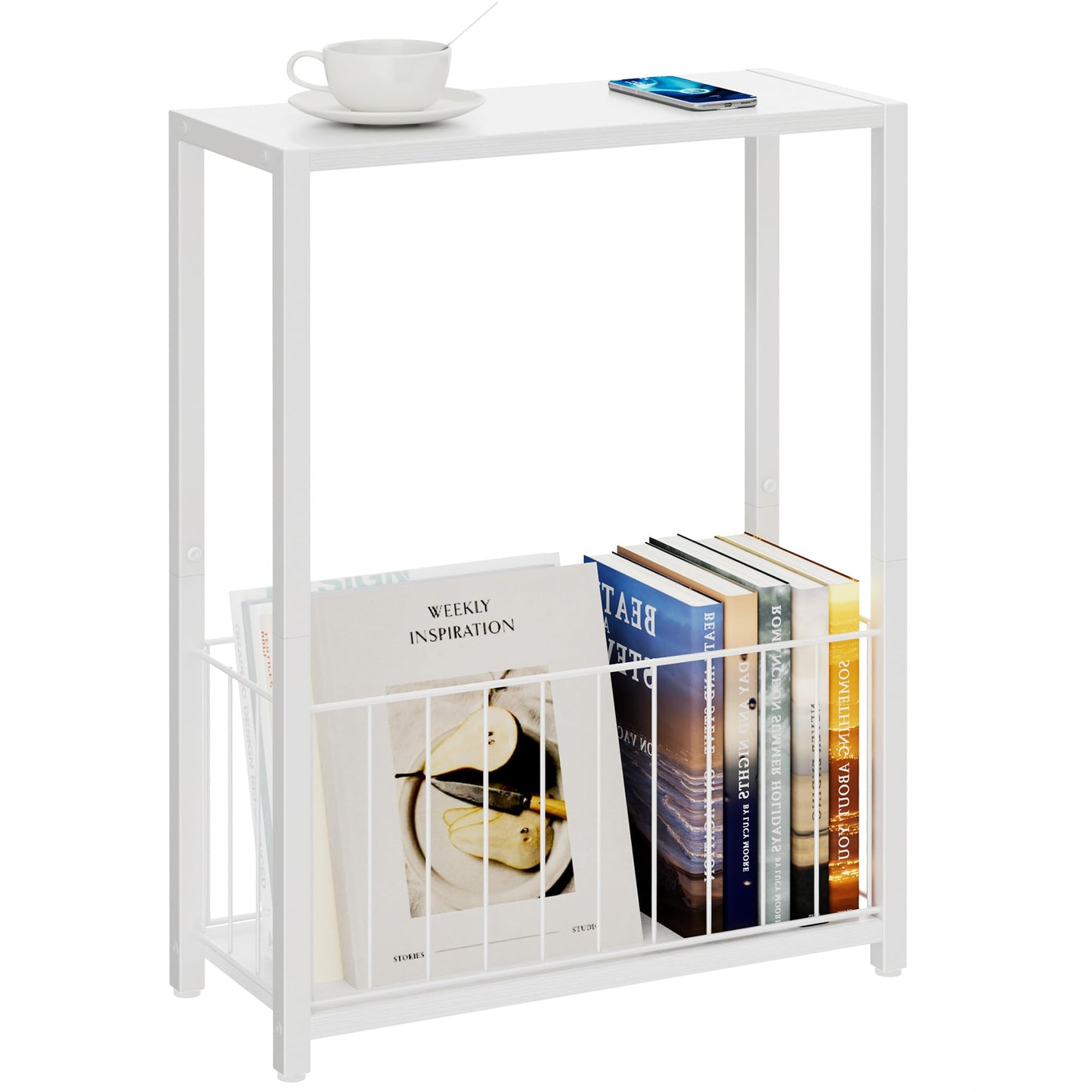 Homleke Narrow Side Table with Magazine Holder, Skinny End Table Perfect for Small Spaces, Space-Saving Design for Living Room, Bedroom, or Office, 7.1" D x 16.9" W x 23.6" H, White