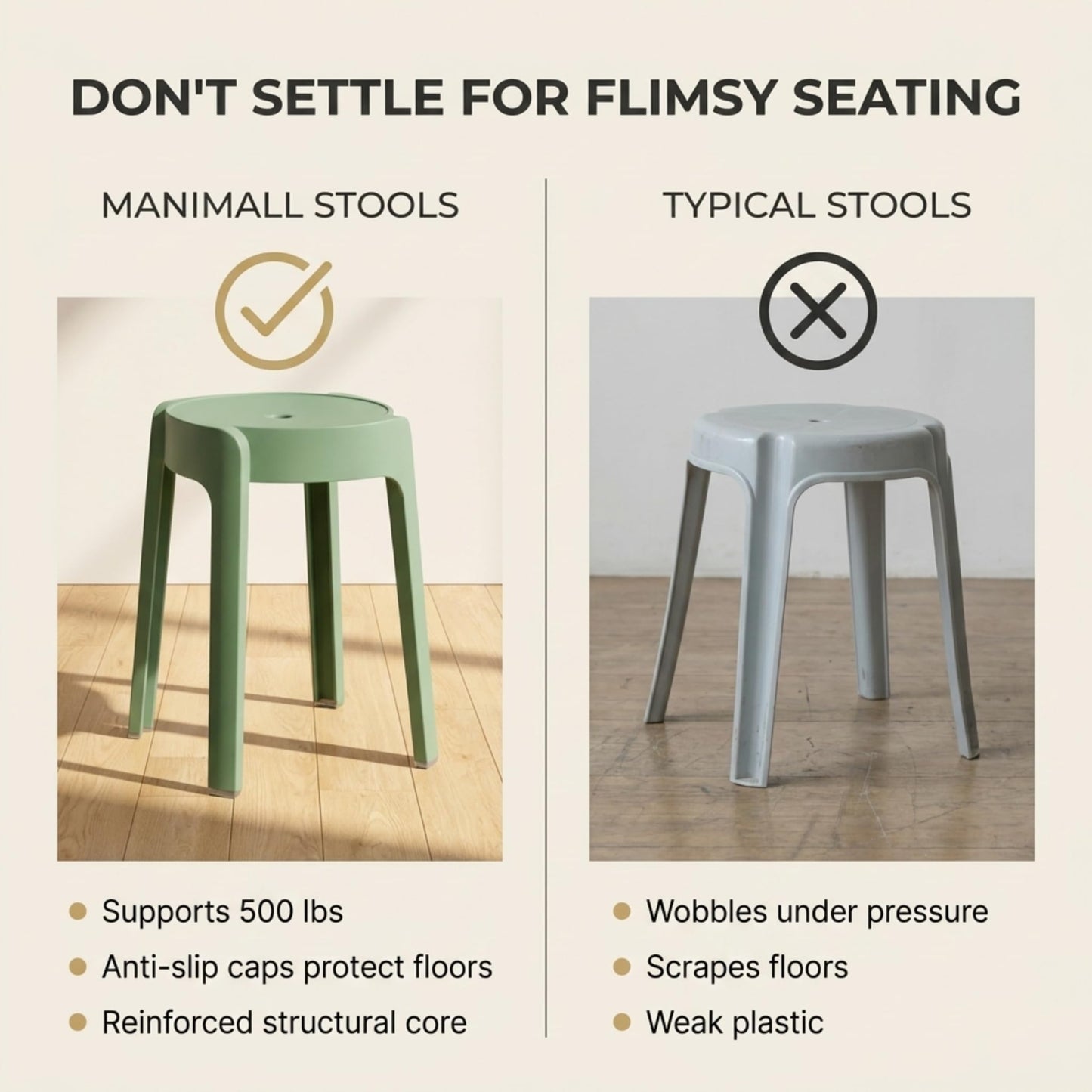Stackable Plastic Stools Set of 6-18 Inch Heavy Duty 500 lbs Capacity, Flexible Seating Classroom Stools for School, Outdoor Patio & BBQ Chairs, Space Saving Plastic Chairs for Dorm, Home Office