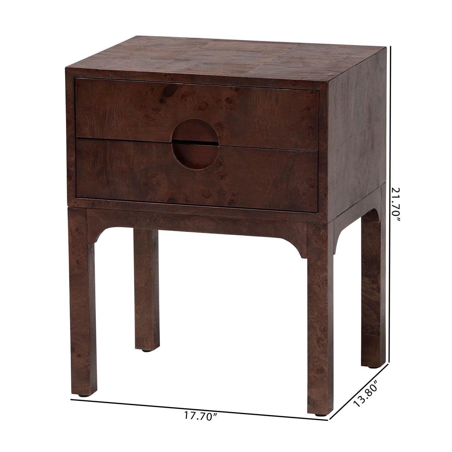 Bali & pari Kayla Real Burl Wood Nightstand in Dark Walnut Brown - Modern Bedside Table with Two Drawers and Cutout Handle Design