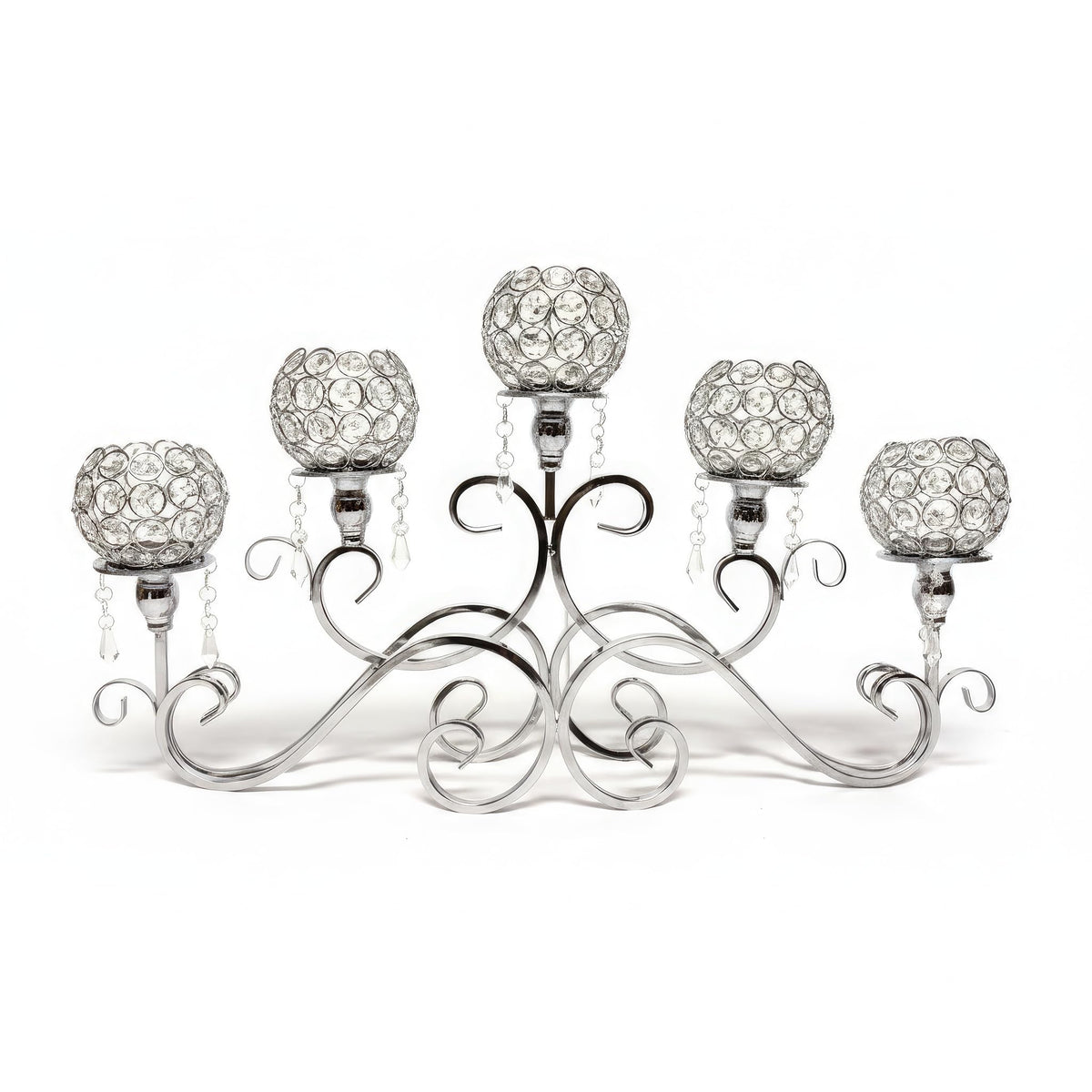 ICE Armor 26" W Polished Silver Ornate Base with Five Crystal Ball Arms Candle Holder Elegant Home Décor Accent, Decorative Candle Holder, Warm & Thoughtful Gift Idea