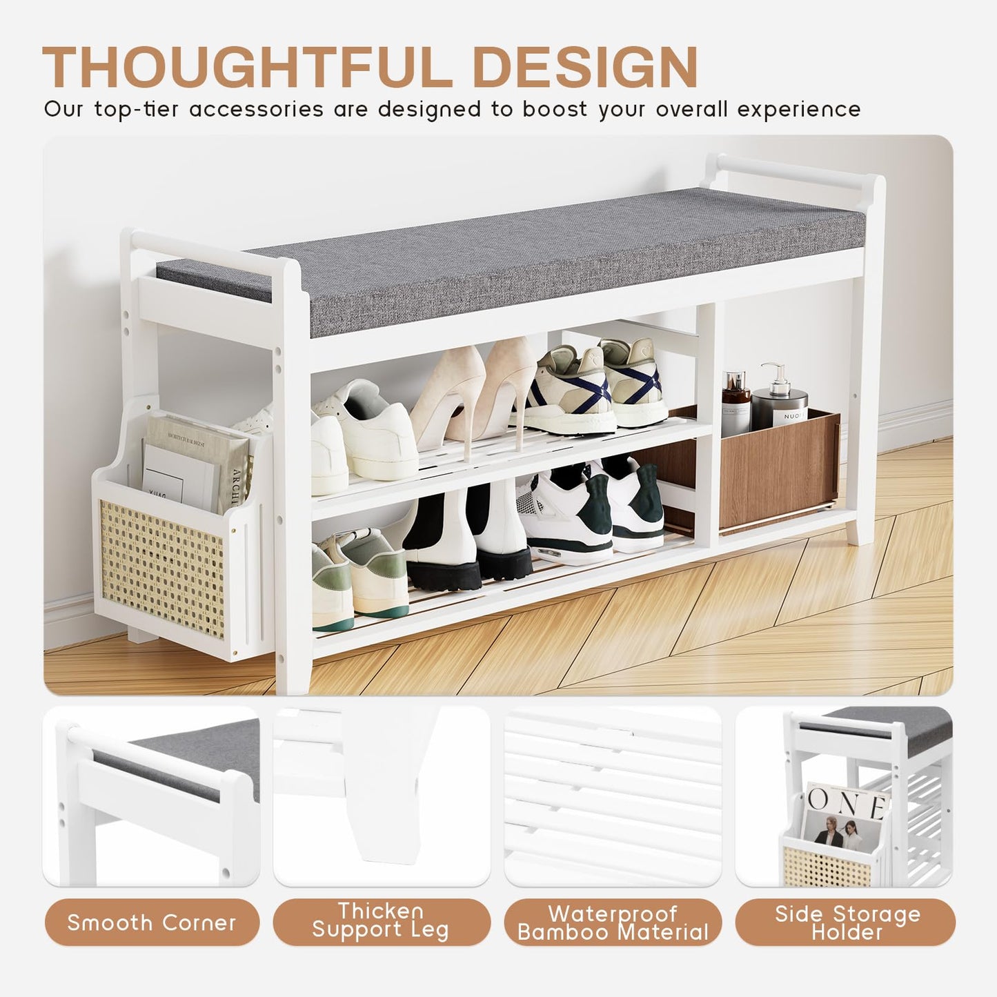 Homaxy 2-Tier Shoe Rack Bench with Side Holder, 39.4 in Bamboo Entryway Bench, Shoe Rack Organizer with Cushion for Front Entrance, Hallway Living Room Bedroom, White and Dark Grey