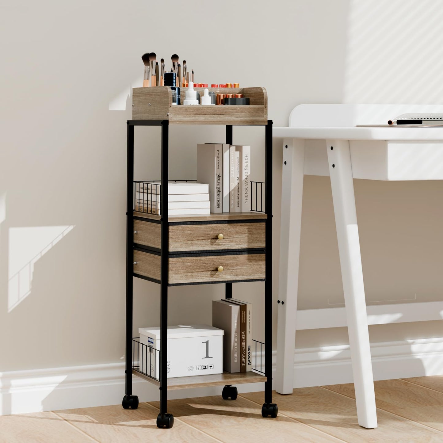 Makeup Organizer Cart Shelf Floor Skincare Organizers Make Up and Station Storage Cabinet For Vanity Standing Cosmetics With Drawers and Wheels For Nail Polish Perfume Hair Tool Beauty(Grey Oak)