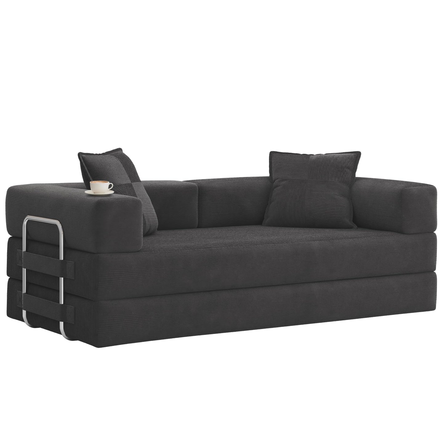 GRUSIGN 78 Inch Convertible Sofa Bed, 5-in-1 Futon Sofa Bed Pull Out Couch, Boneless Couch Bed for Living Room, Corduroy Boneless Couches for Bedroom, Apartment, No Assembly Sleeper Sofa Bed, Gray