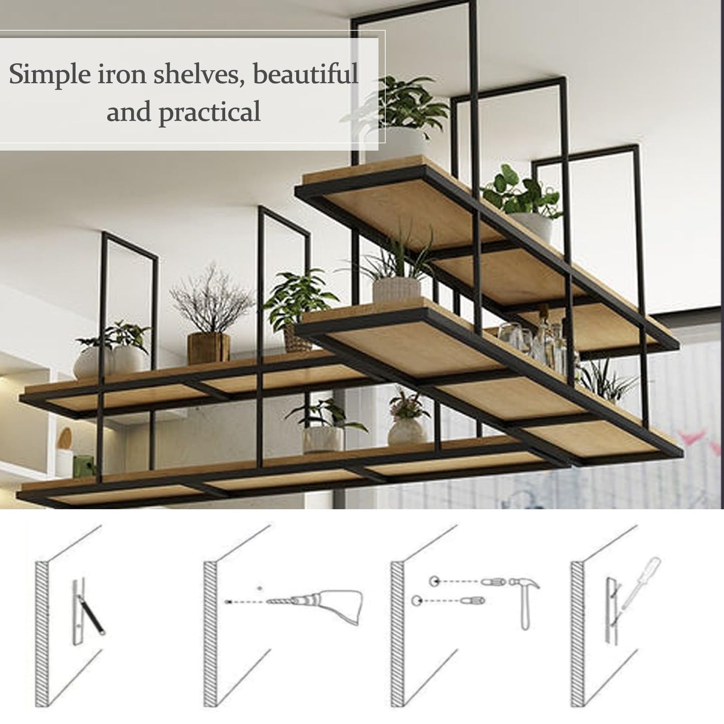 Metal Hanging Wine Rack with 2 Layer Floating Suspended Shelving for Bar Cafe Kitchen Ceiling Shelf nizer and Display Racking
