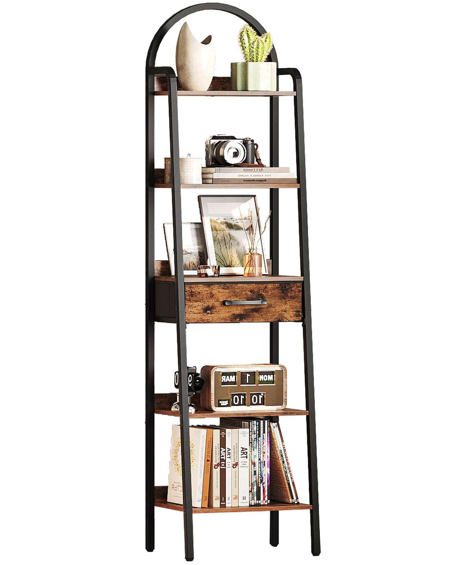 CHOEZON 5 Tier Ladder Shelf with Drawer, Tall Ladder Bookshelf, Standing Bookcase with Metal Frame for Living Room, Bathroom, Home Office, Study, Balcony, Rustic Brown and Black TCJ07BF