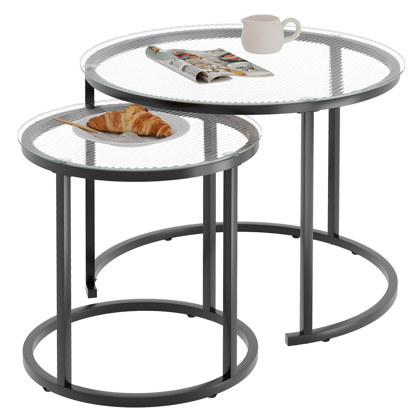 aboxoo Gold Nesting Coffee Table Set of 2, Small Glass Round Nesting Tables for Living Room Bedroom, Accent Tea Table with Black Metal Frame Modern Industrial Simple