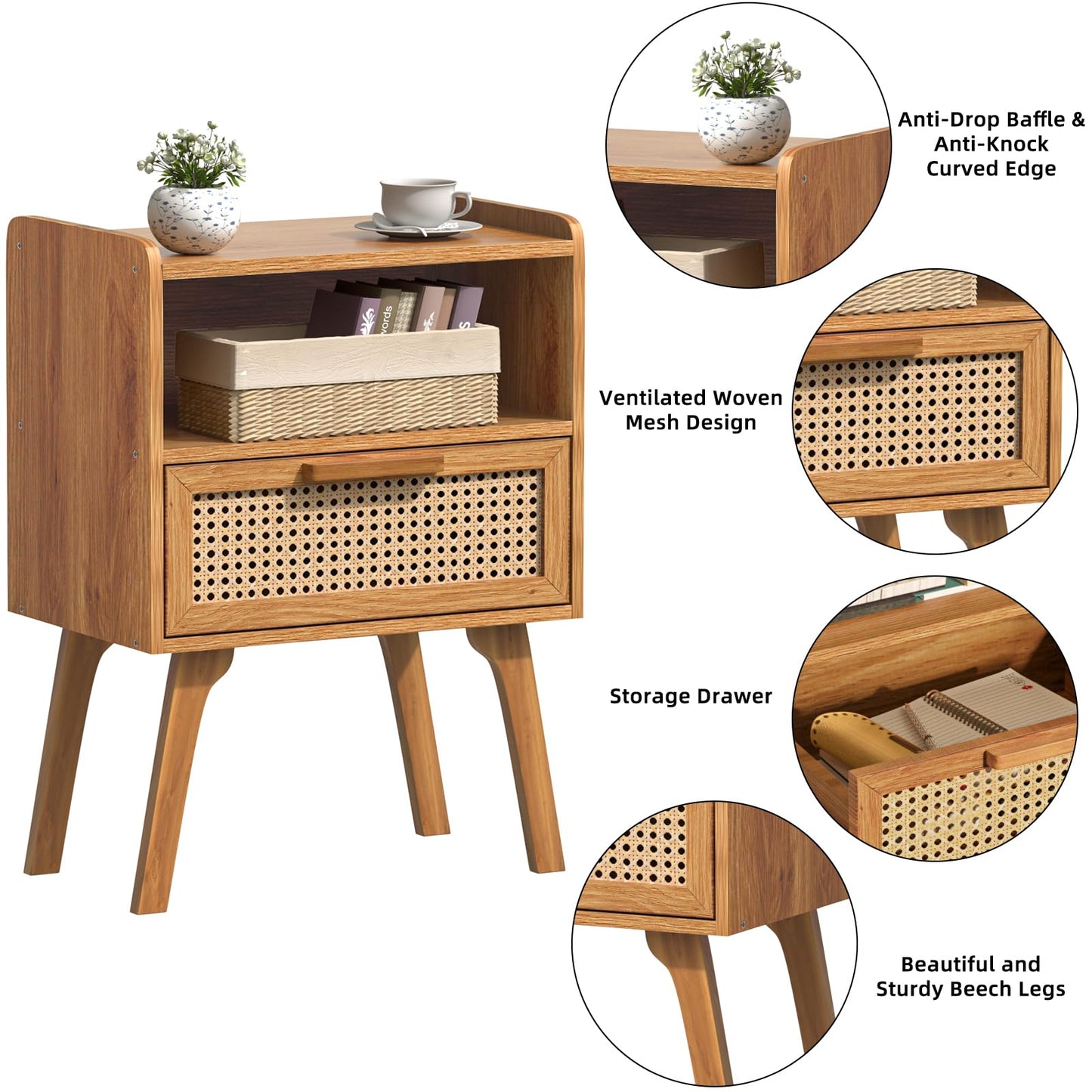 Lerliuo Rattan Nightstand, Side Table with Drawer Open Shelf, Cane Accent Bedside End Table with Solid Wood Legs, Mid Century Modern Night Stand for Bedroom, Dorm and Small Spaces (Tea Brown)