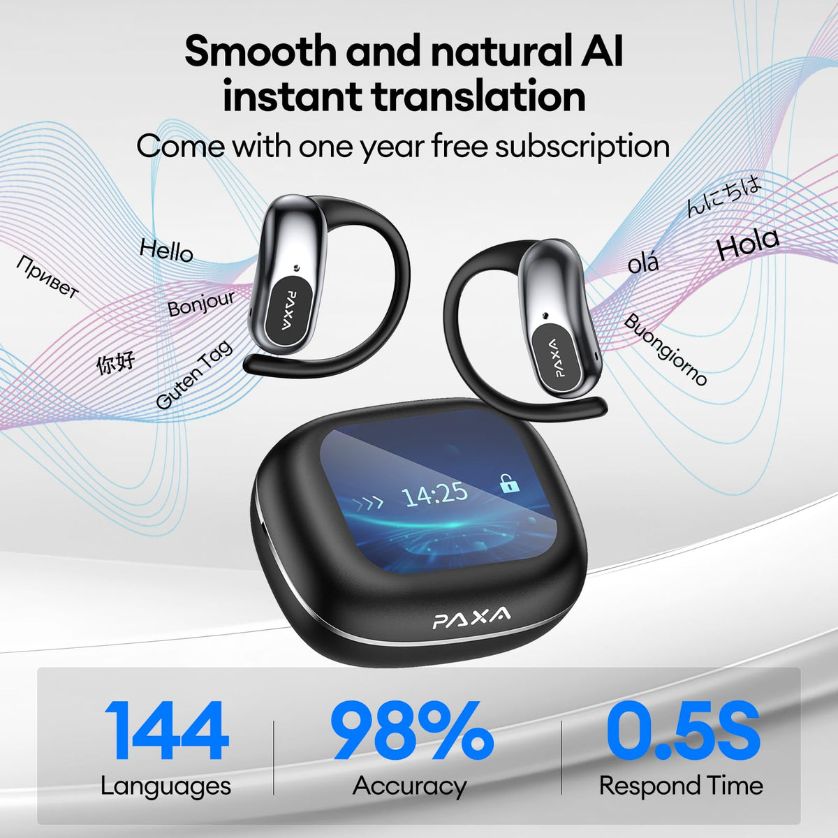 PAXA Ai Translation Earbuds Real Time 3in1 Language Translator Earbuds HD Sound Audifonos Traductores Bluetooth 5.4 Headphones Touch Screen Housing with App for Travel Business Meetings,Black