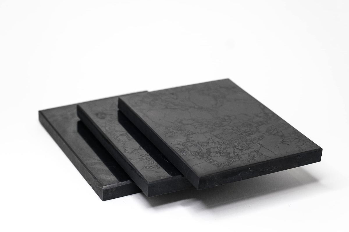 Shungite Club Shungite Tile Polished 100x100x16 mm Crystal Plate Decorative Mineral Healing Stone Modern Home Decor Black Square Figure