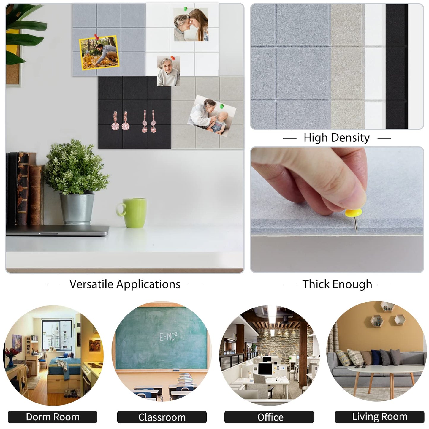 BXI Felt Bulletin Board - 12 X 12 X 3/8 Inches 6 Pcs Self-Adhesive Poster Cork Board with 30 Push Pins, Thick Pin Tiles Display Vision Board, Photo Picture Panels for Home Office Classroom Walls