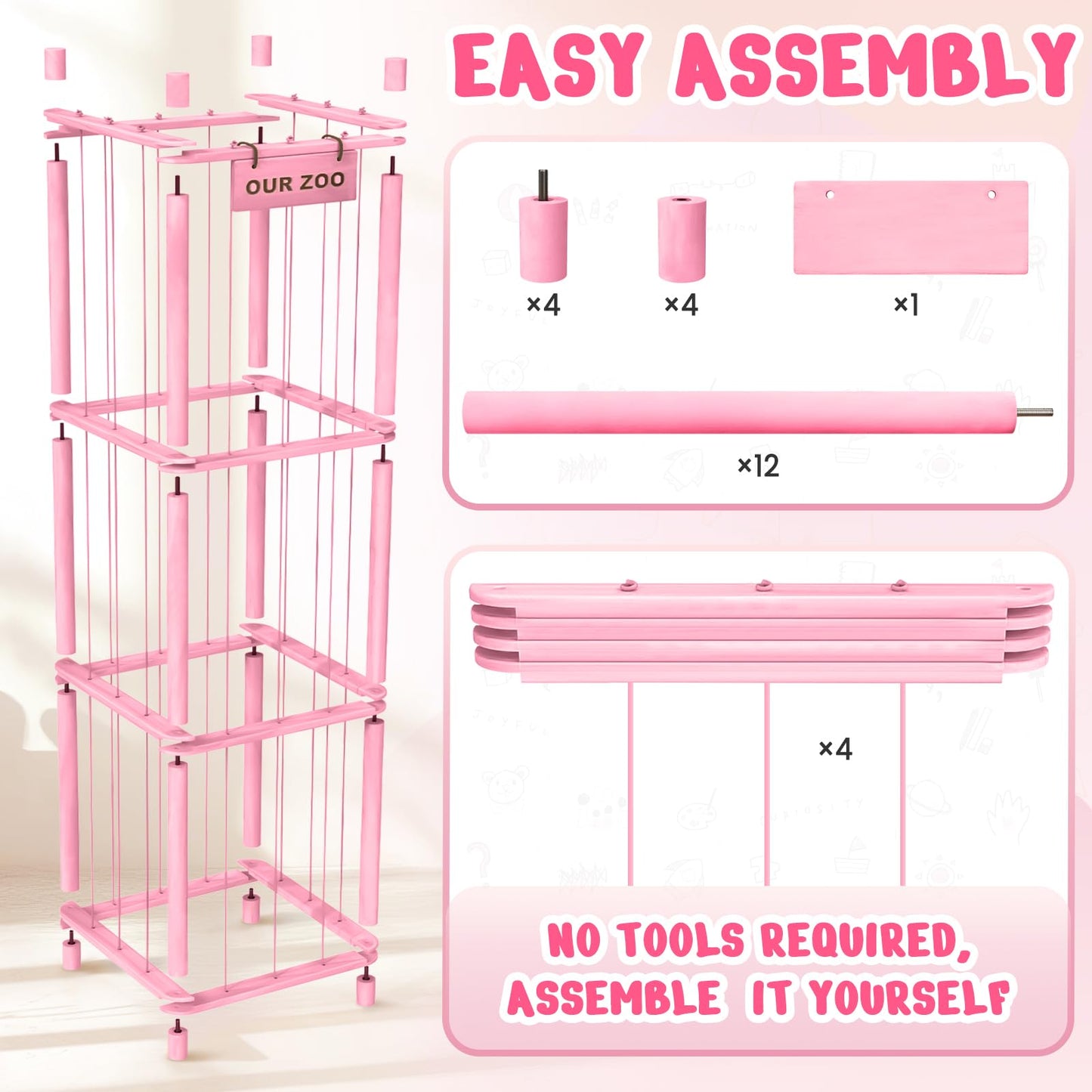 Woodure Stuffed Animal Storage & Organizer, Wooden Cute Zoo Toy Holder for Toddler Rooms, Playrooms & Bedrooms(Pink)