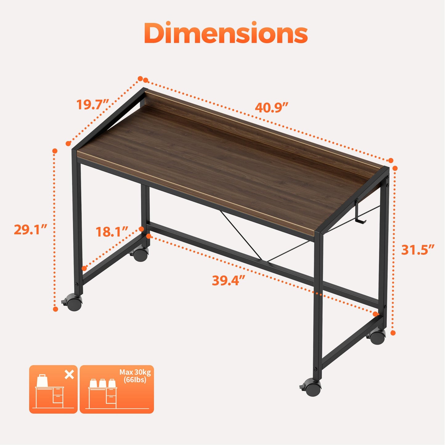 Mericonia 40 inch Rolling Computer Desk with Wheels, Gaming Desk for Small Spaces, Modern Simple Style Table for Home Office, Study Writing Table