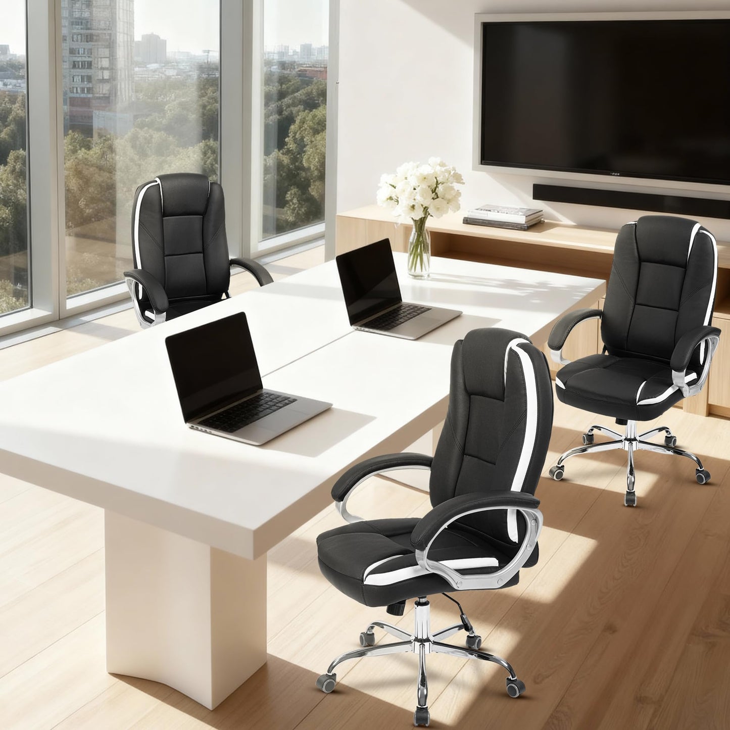 NEO CHAIR Office Desk Ergonomic Gaming Computer Chair High Back Adjustable PU Leather with Lumbar Support, Swivel Rolling Wheels, Executive Managerial Task Chair (Black)