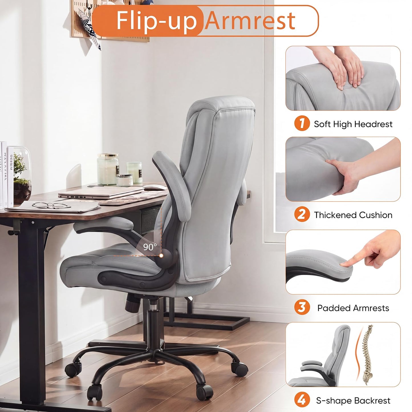 Sweetcrispy Office Computer Gaming Chair, Ergonomic High Back Heavy Duty Task Desk Chairs with Wheels, Flip-up Arms, Adjustable Height, PU Leather, Grey