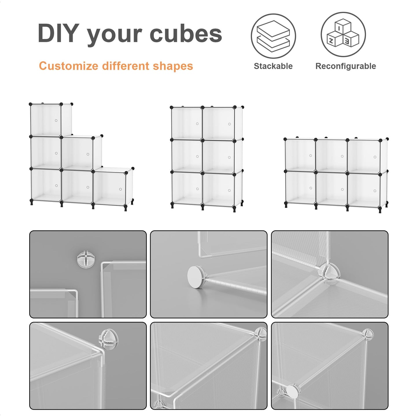 ATTDETJL Cube Storage Organizer, 6 Cube Shelves Unit with Doors,DIY Stackable Plastic Clothes Organizer for Bedroom and Under Stairs Storage Unit, 30 x 30 x 30 x 30 cm Grey ATTSL6004 (6, Black)