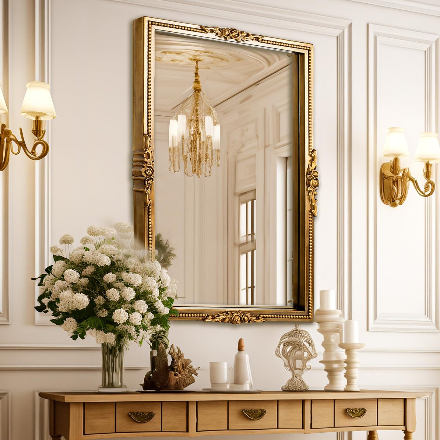 Varsoul Antiqued Gold Wall Mirror with Beaded Frame – 24 * 36in Traditional & Flourish Baroque Ornate Rectangle Mirror for Over Fireplace/Entryway Vanity, Living Room or Event – Home Décor