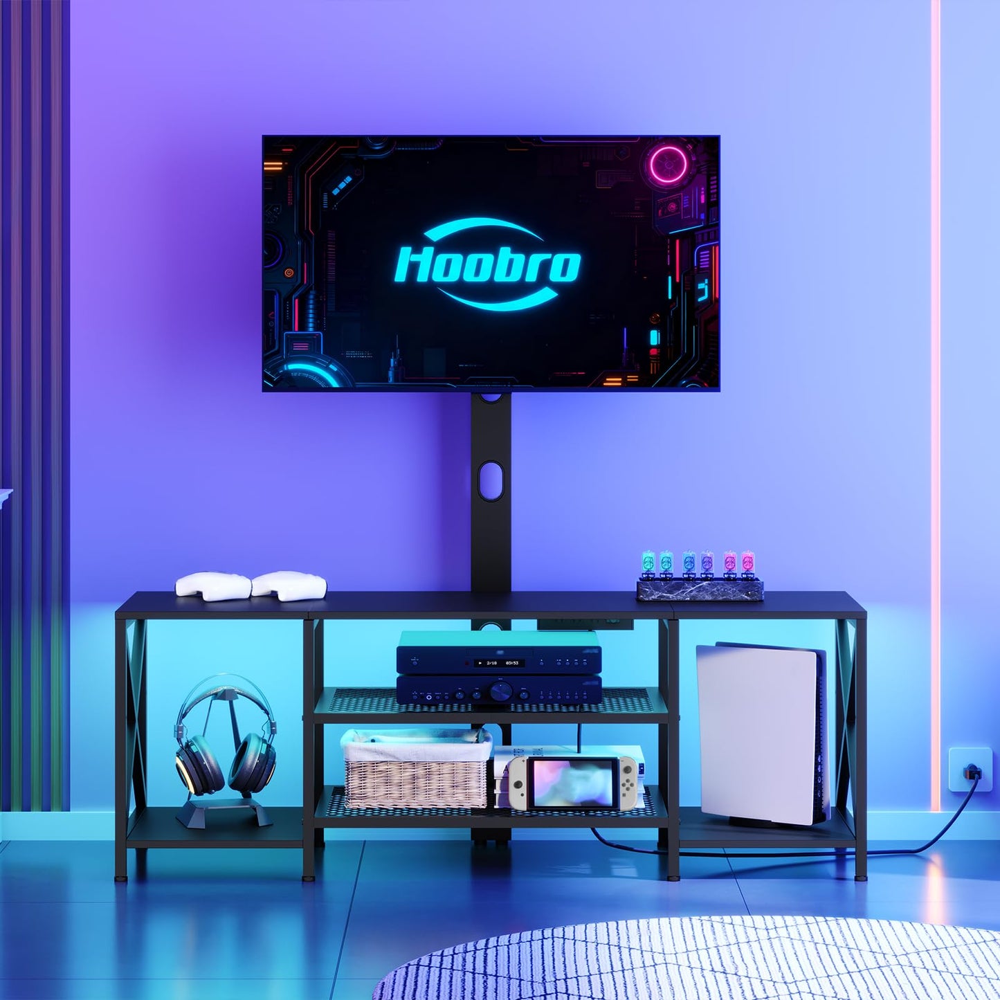 HOOBRO TV Stand with Mount and Power Outlet, LED Entertainment Center with Swivel TV Mount for 32/45/55/60/65/70/75 inch TVs, TV Cabinet with 3-Tier Storage, for Living Room, Bedroom, Black BB46UDDS01