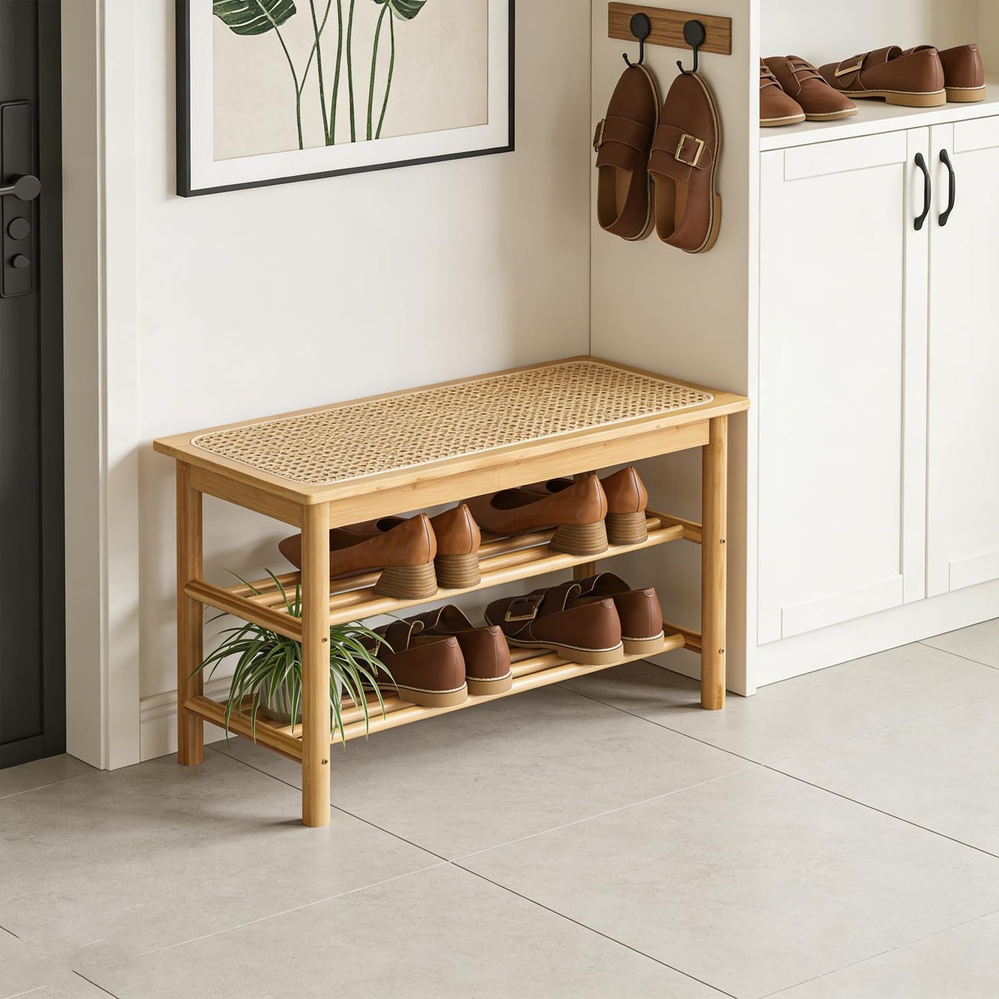 latifolia Shoe Rack Bench, 3-Tier Bamboo Shoe Bench with Breathable Rattan Seat Cushion, Shoe Storage Rack for Entryway(Nautre,31.50''L)