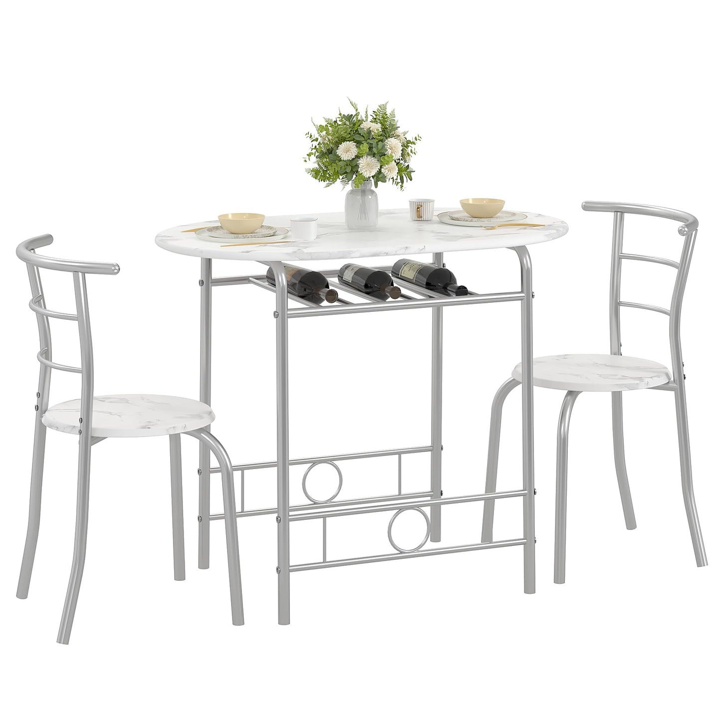 VECELO 3-Piece Dining Table Set for Kitchen Breakfast Nook, Faux Marbled Oval Tabletop and Metal Frame with Built-in Wine Rack, for Small Spaces, White & Silver