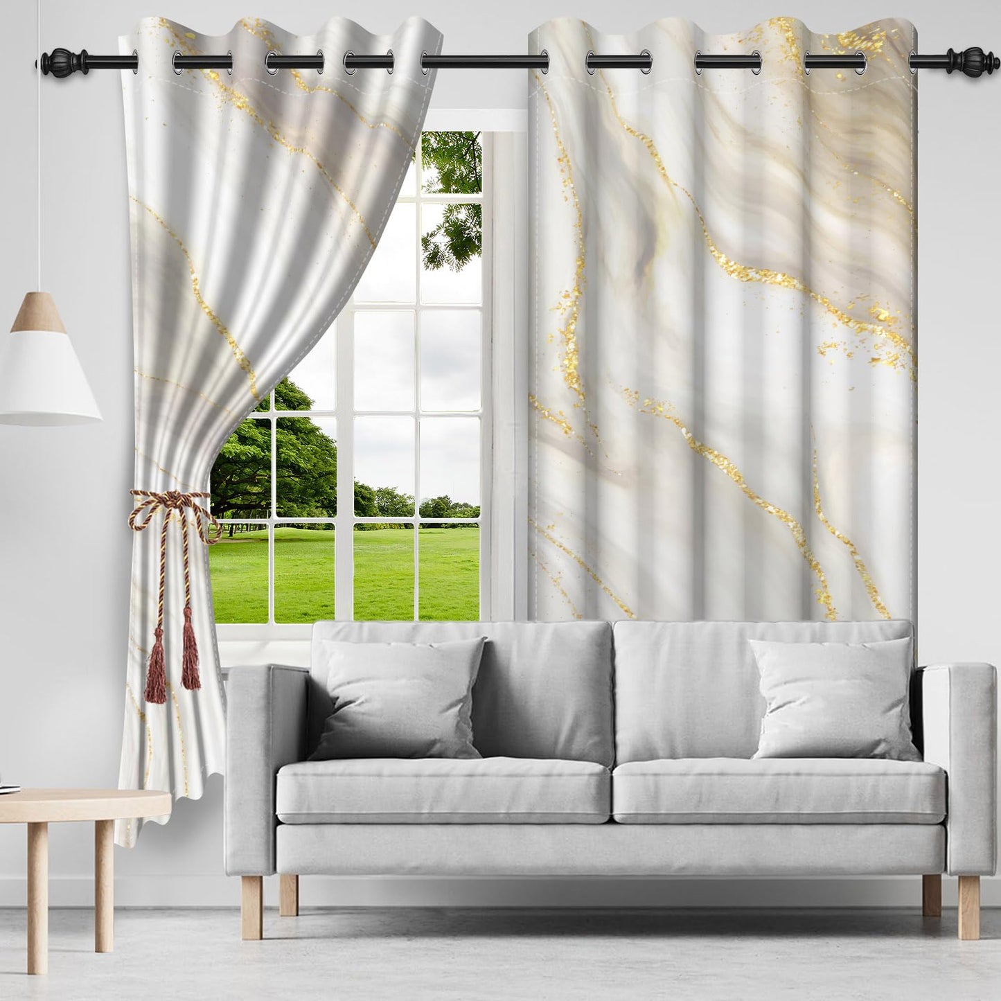 DASHAN White Gold Marble Blackout Curtains for Bedroom 84 inch Long 2 Panels Elegant Luxury Window Curtains for Living Room Grey Beige Room Darkening Curtains Window Treatment Drapes 52Wx84L