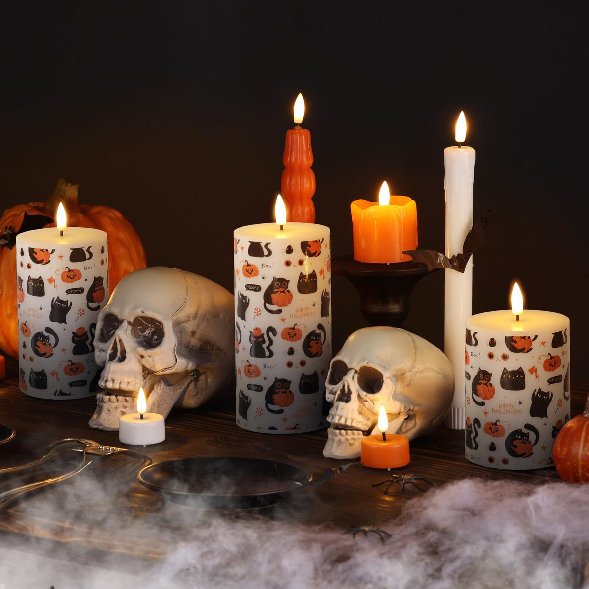 Girimax Halloween Flameless Pillar Candles with Remote, Black Cat Pumpkin LED Wax Candles Battery Operated Set of 3