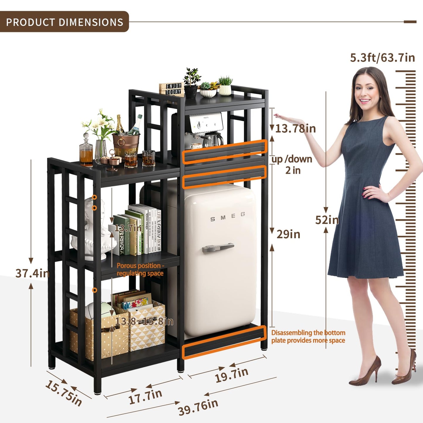 YCHF 6-Tier Kitchen Bakers Rack,Mini Fridge Shelf with Storage, Mini Fridge&Microwave Oven Stand Table,Coffee Bar,Adjustable Kitchen Shelves Freestadning for Home Office (Black Wood Grain)